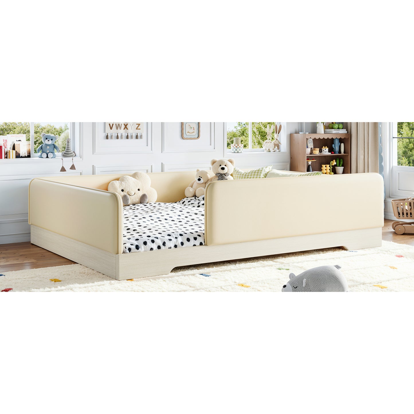 variant-group:rf-w1580s00673|Roomfitters Queen Size Upholstered Floor Bed Frame with Removable Guardrails, Faux Leather Low Profile Platform, Beige