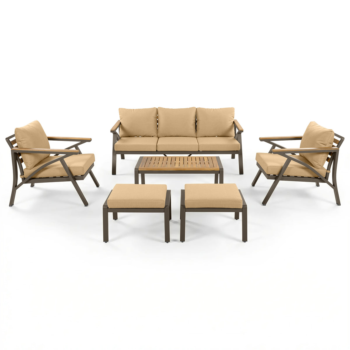 variant-group:rf-n704g201256d|Roomfitters 6-Piece Steel Conversation Set with 3-Seat Sofa Multi-Functional Ottomans and Acacia Wood Table Brown