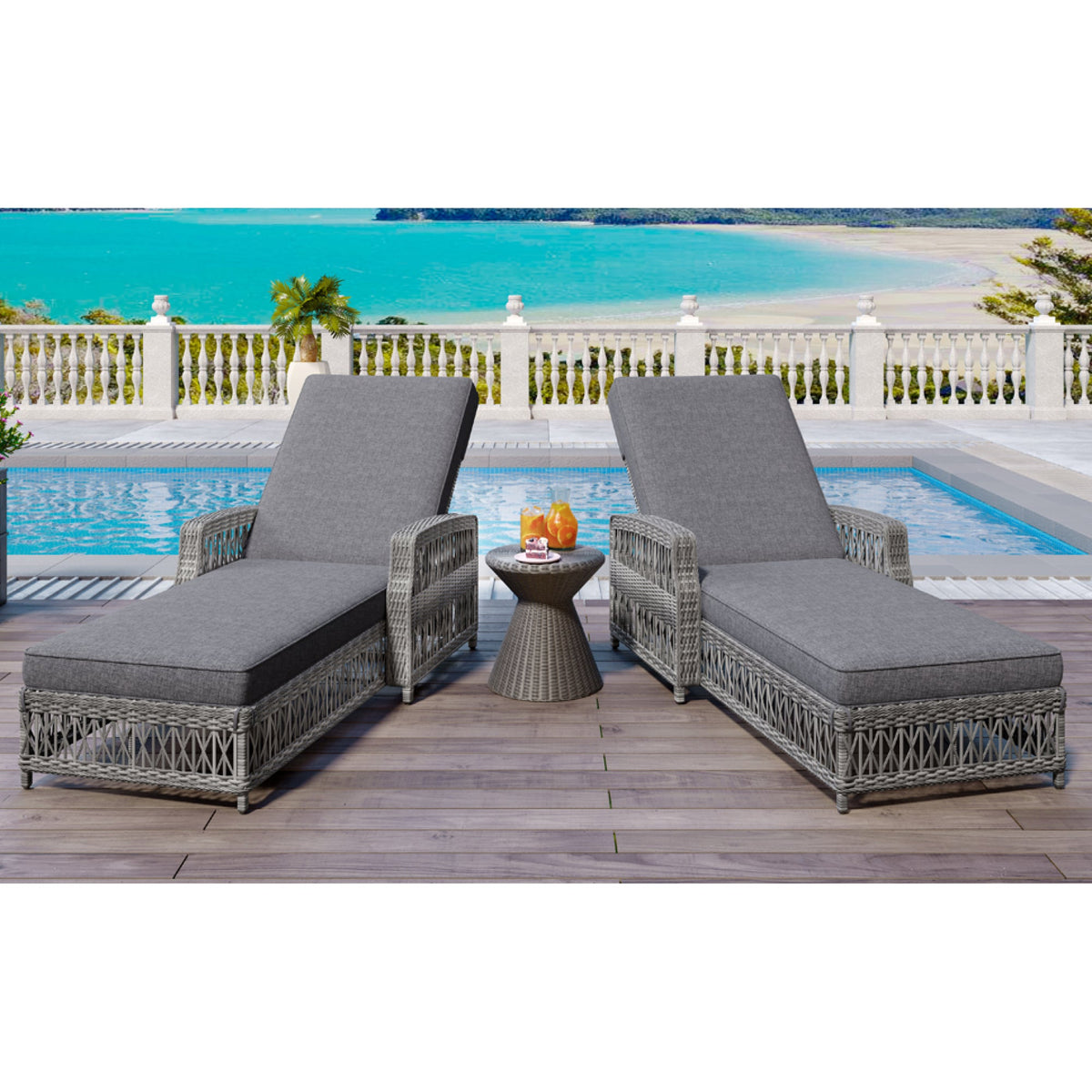 Roomfitters Outdoor Reclining Chaise, Adjustable Wicker Lounge Chair with Armrests & Cushions for poolside, Set of 2, Grey Roomfitters
