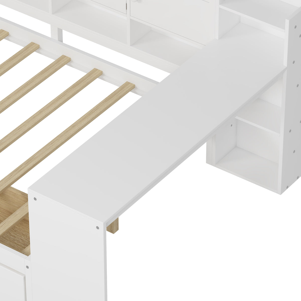 Roomfitters Wooden L-Shape Daybed with Storage Cabinets, Study Desk, Built-In Bookshelf, Space-Saving Platform Bed, White