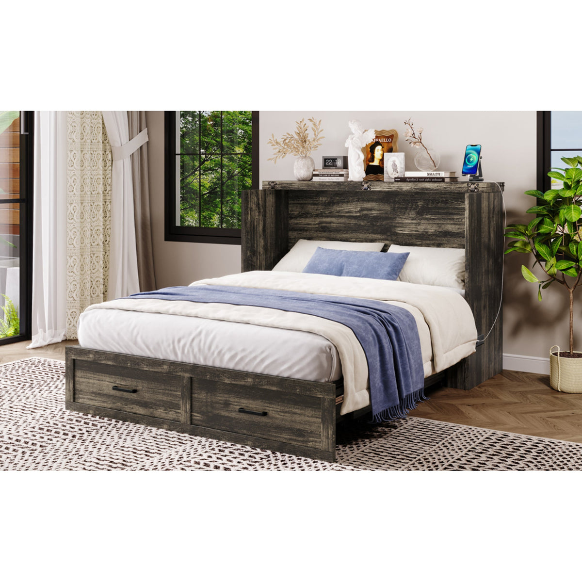 Roomfitters Queen Size Murphy Bed Cabinet with Charging Station, Foldable Platform Bed with Storage Drawer, Rustic Gray