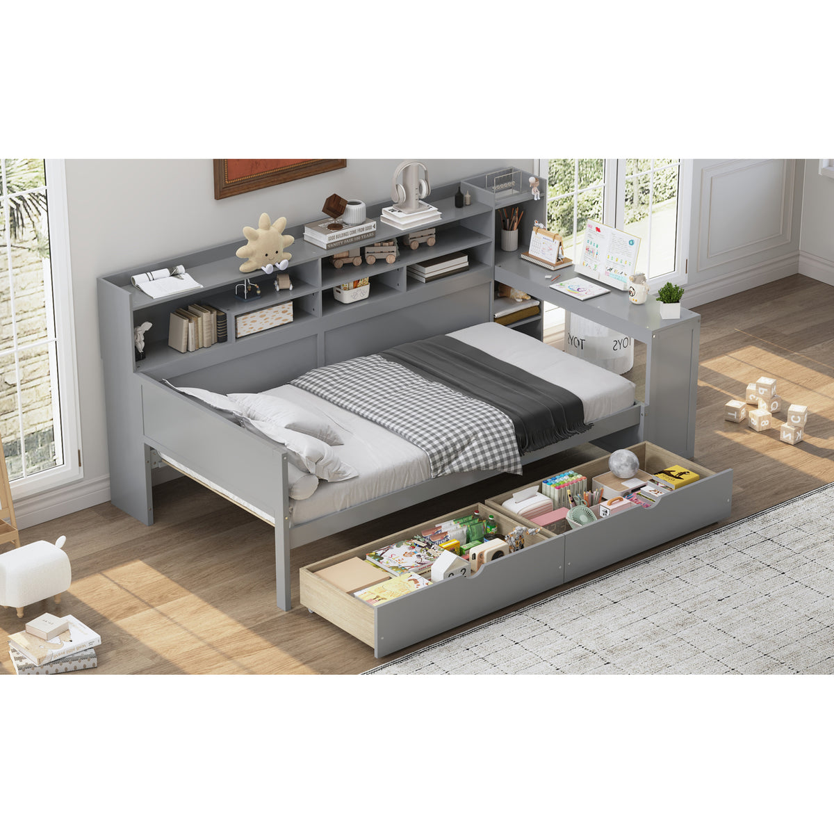 variant-group:rf-n733s241484e|Roomfitters Wooden Twin Size Daybed with Storage Shelves, Multi-functional Bed with Two Storage Compartments and Study Desk, Gray