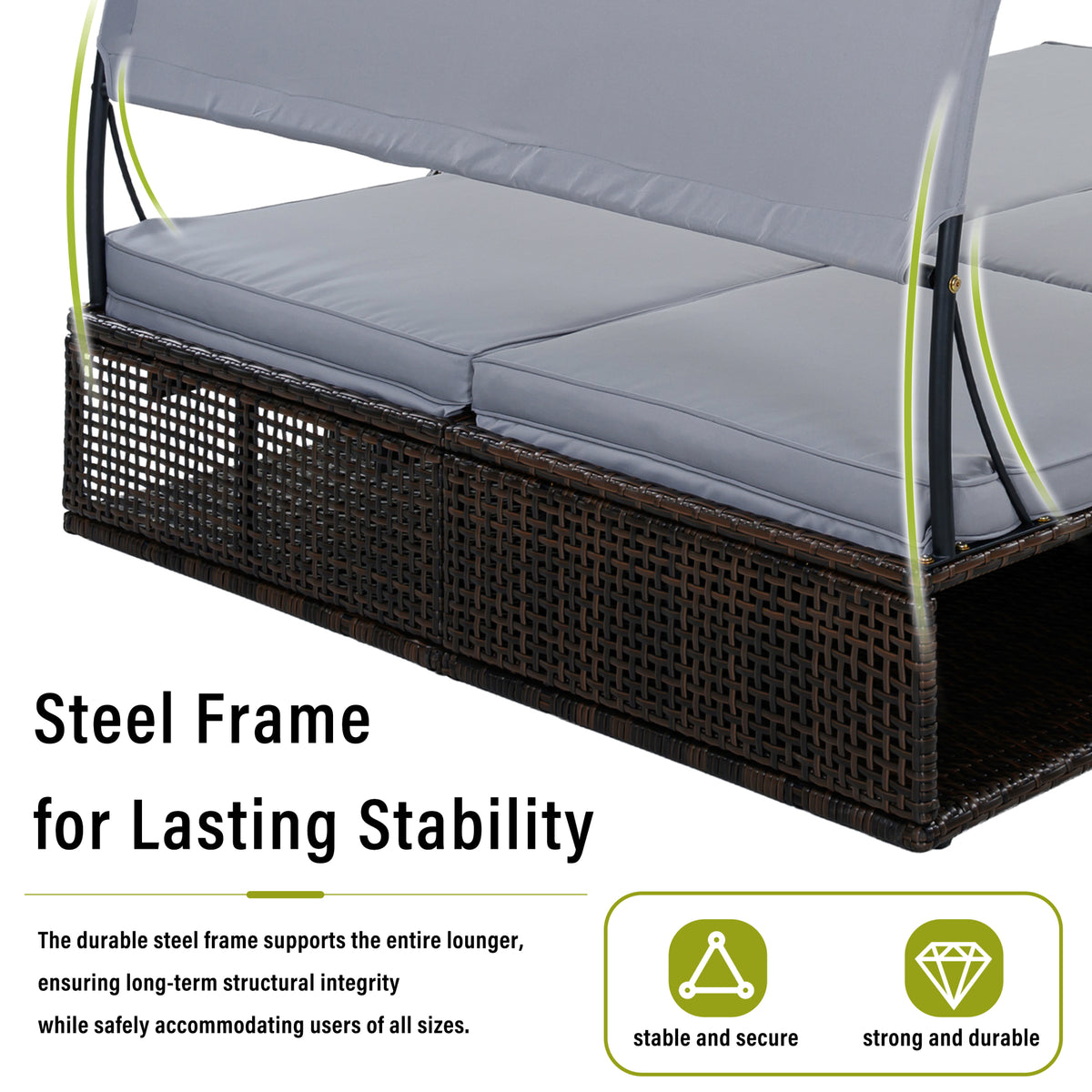 variant-group:rf-n711wy000485aae|Roomfitters Slate Grey HDPE Wicker Outdoor Double Sunbed, Steel Frame Patio Chaise, Hidden Side Tables, Canopy