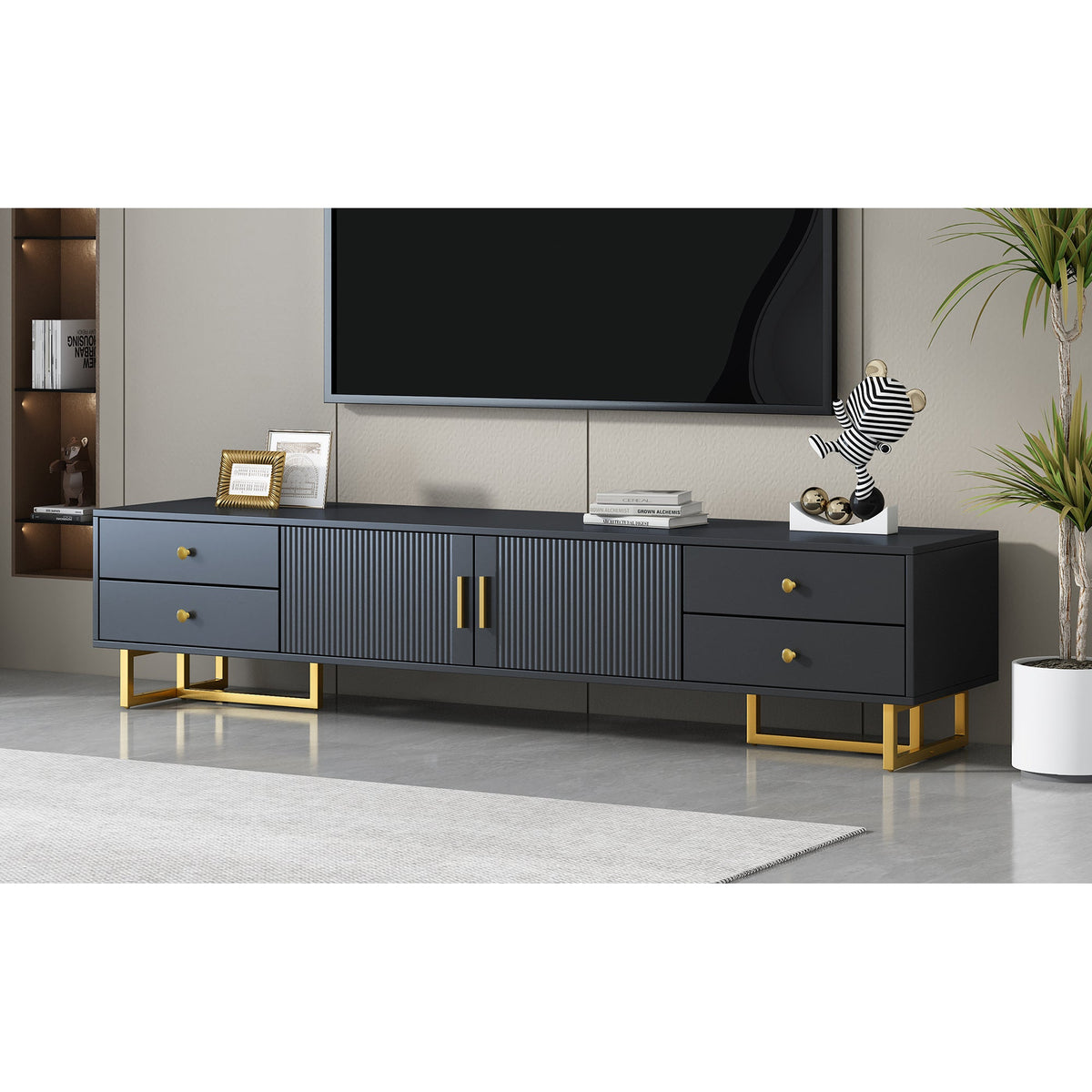 Roomfitters Modern TV Stand for 65 Inch TV and Above, Entertainment Console Cabinet with Storage Compartments, Black Roomfitters