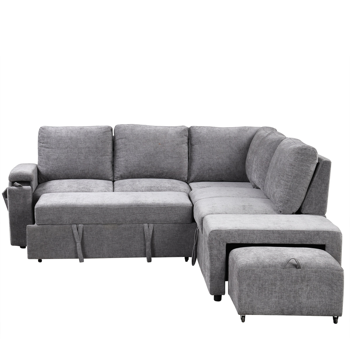 variant-group:rf-n711wy000390aae|Roomfitters L-Shaped Padded Modular Sofa with Storage Space, USB Ports, and Cup Holders on the Armrests, Suitable for Living Rooms, Offices, and Apartments, Gray