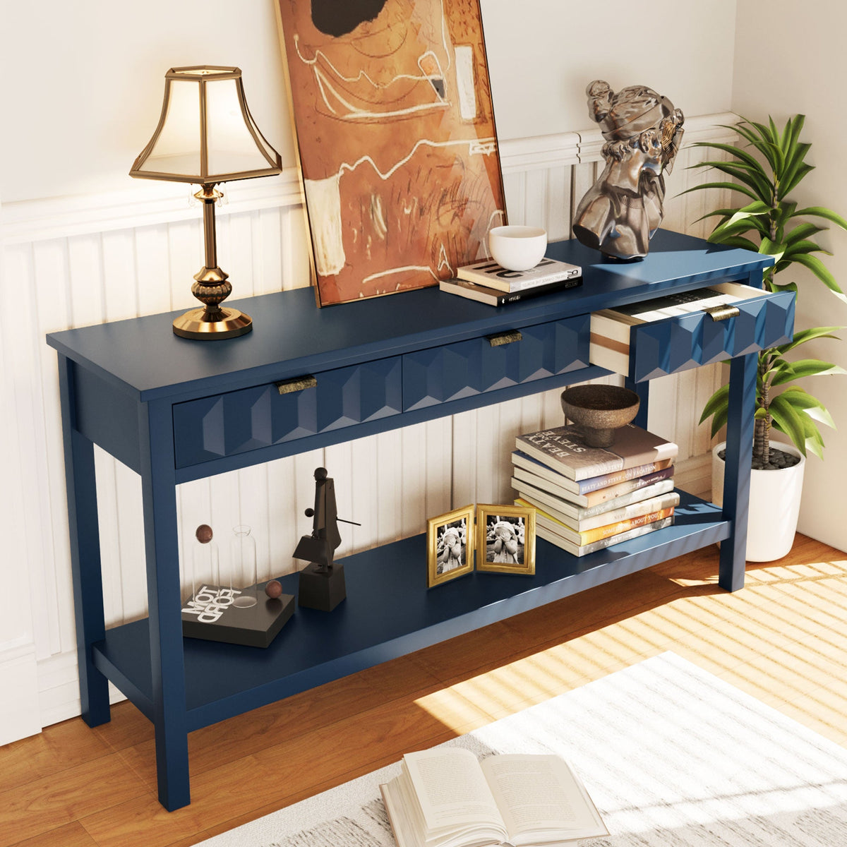 Roomfitters 60'' Entryway Console Table with Storage, Modern Accent Sofa Table with Geometric Front Design, Navy Blue Roomfitters