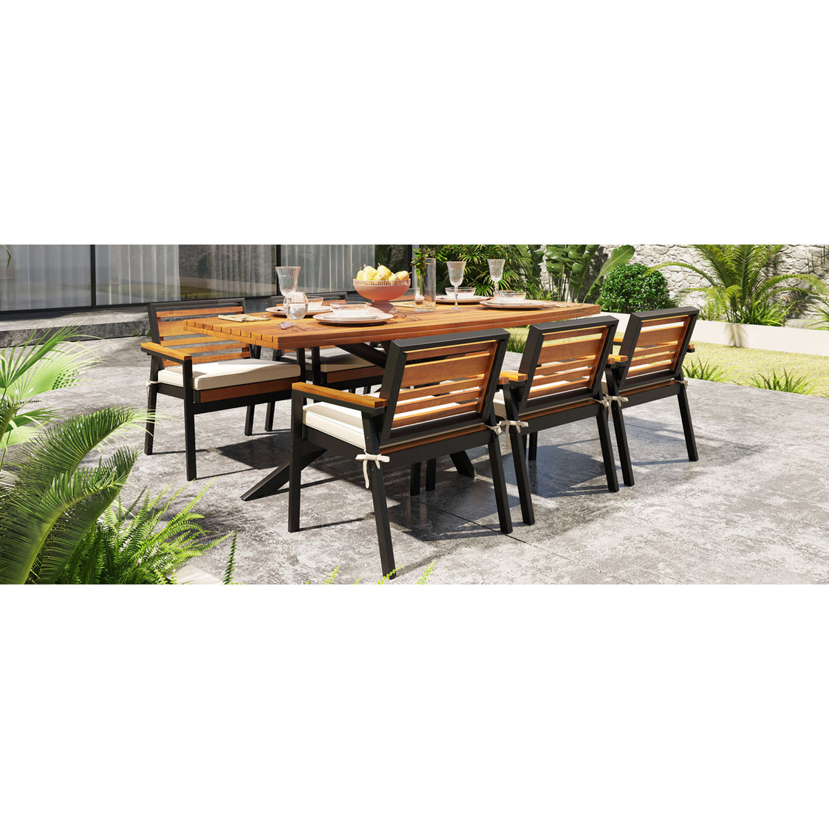 variant-group:rf-n704g201259a|Roomfitters Modern 7-Piece Patio Dining Set with Powder-Coated Iron Frame and Detachable Beige Cushions
