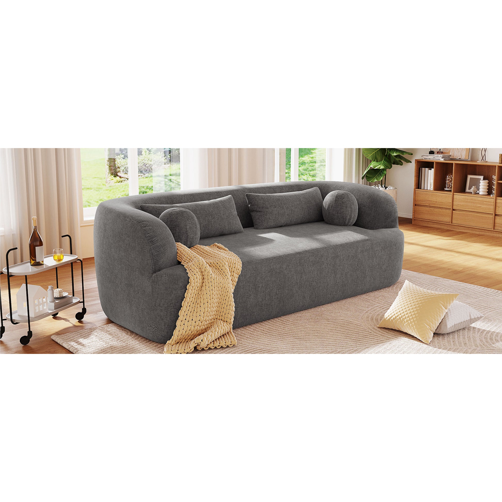 variant-group:rf-n723p404465e|Roomfitters 86 Inch Modern Curvy Sofa, 3-Seater Rounded Upholstered Couch with Plush Throw Pillows for Living Room, Gray