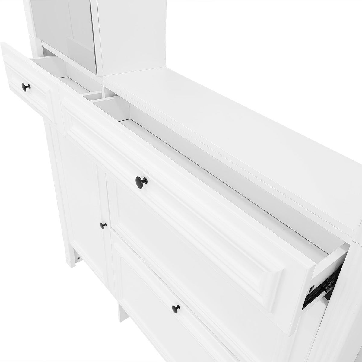Roomfitters Hall Tree with Shoe Cabinet and Mirrored Door, 4 Hooks and Bench Storage Organizer, White Roomfitters
