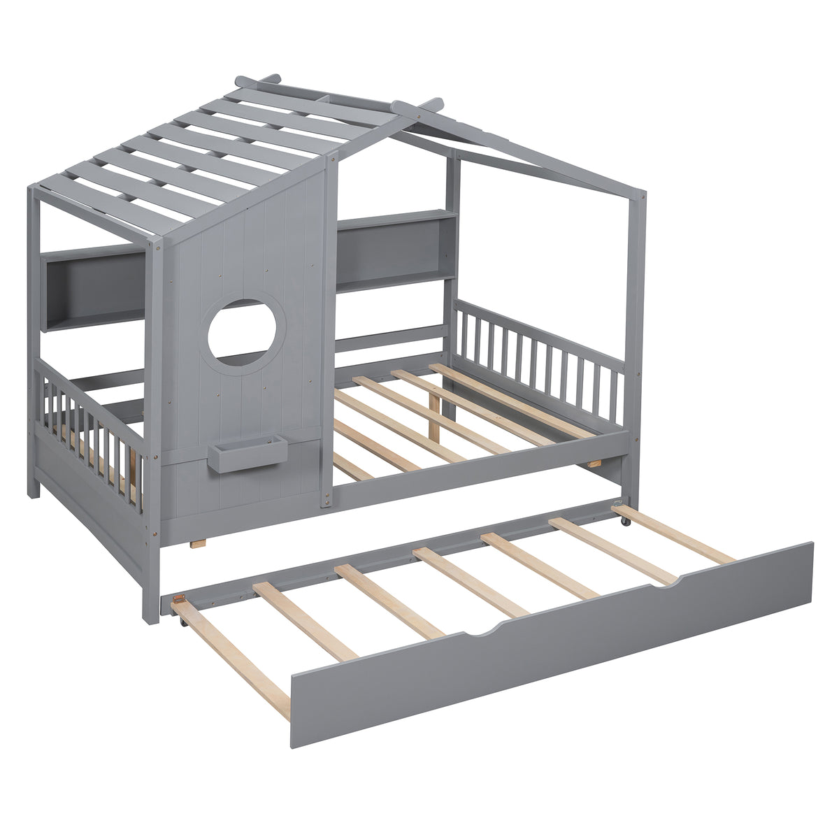 variant-group:rf-n733s316125e|Roomfitters Wooden Full Size House Bed with Trundle and Storage Shelf, Gray