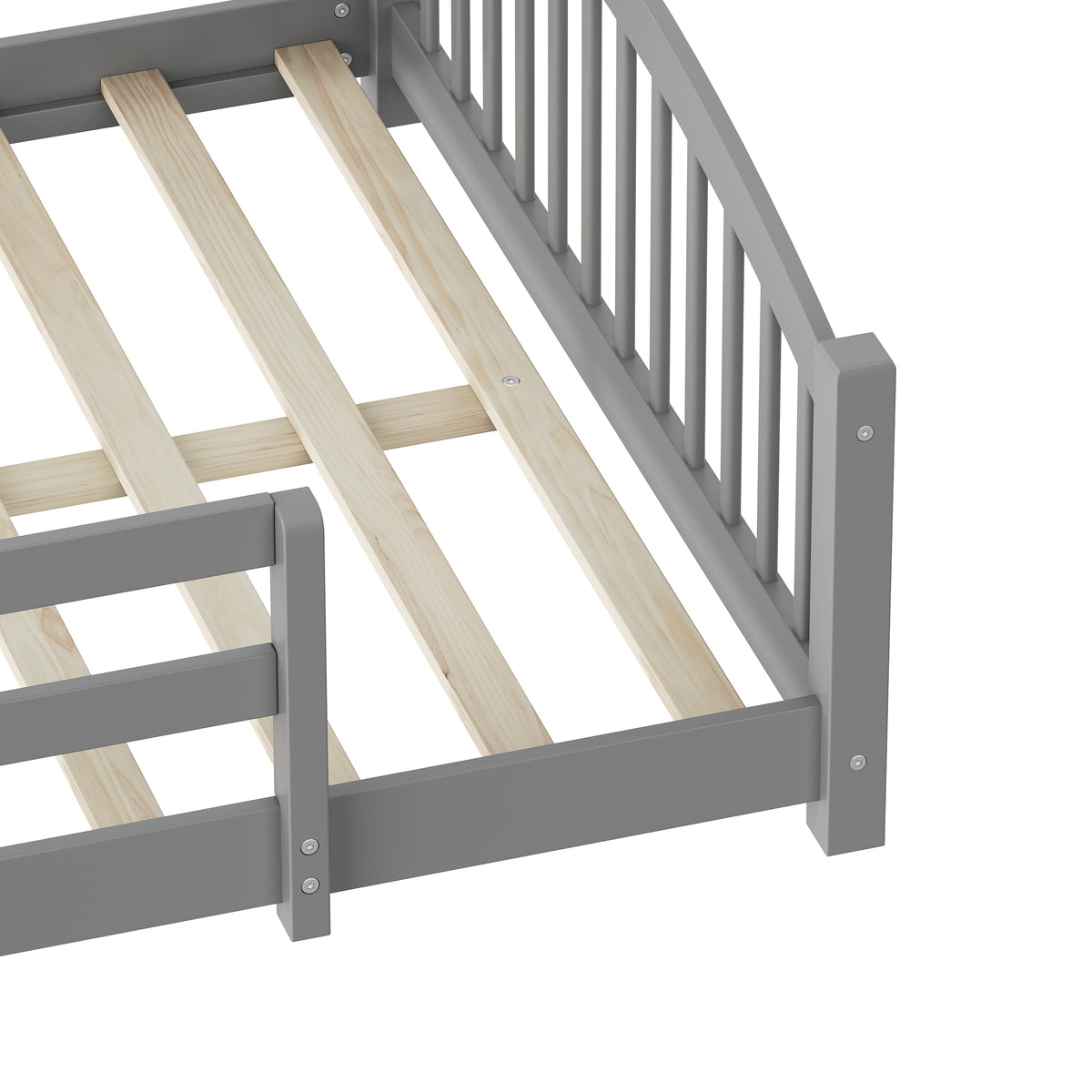 variant-group:rf-n733p400299e|Roomfitters Full Montessori Floor Bed with Guardrails, Solid Wood Low Platform Bed with Slats, Easy Assembly, Gray