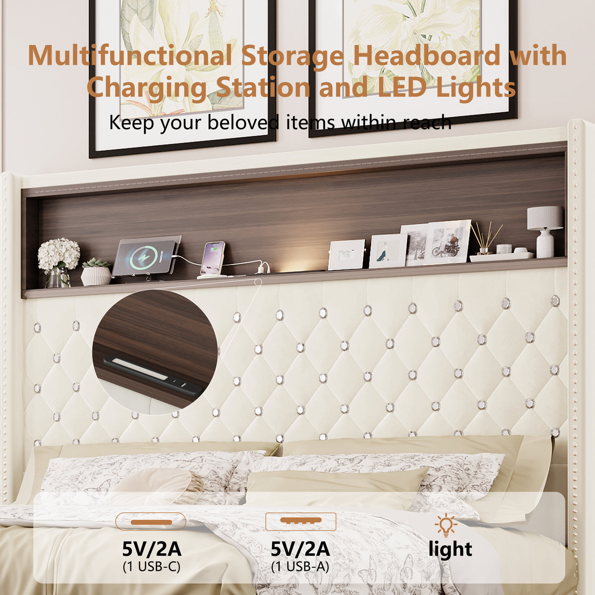 variant-group:rf-n733p367135a|Roomfitters Queen Velvet Tufted Platform Bed with Charging Ports, Tall Wingback Headboard with Rivet Trim and Shelf, Beige