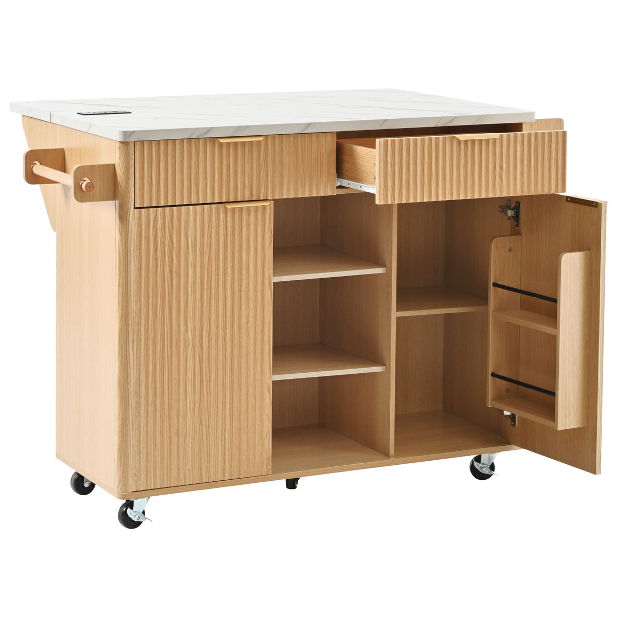 variant-group:rf-n707s000019y|Roomfitters 52" Fluted Kitchen Island with Drop Leaf, Power Outlet & Faux Marble Top, Natural