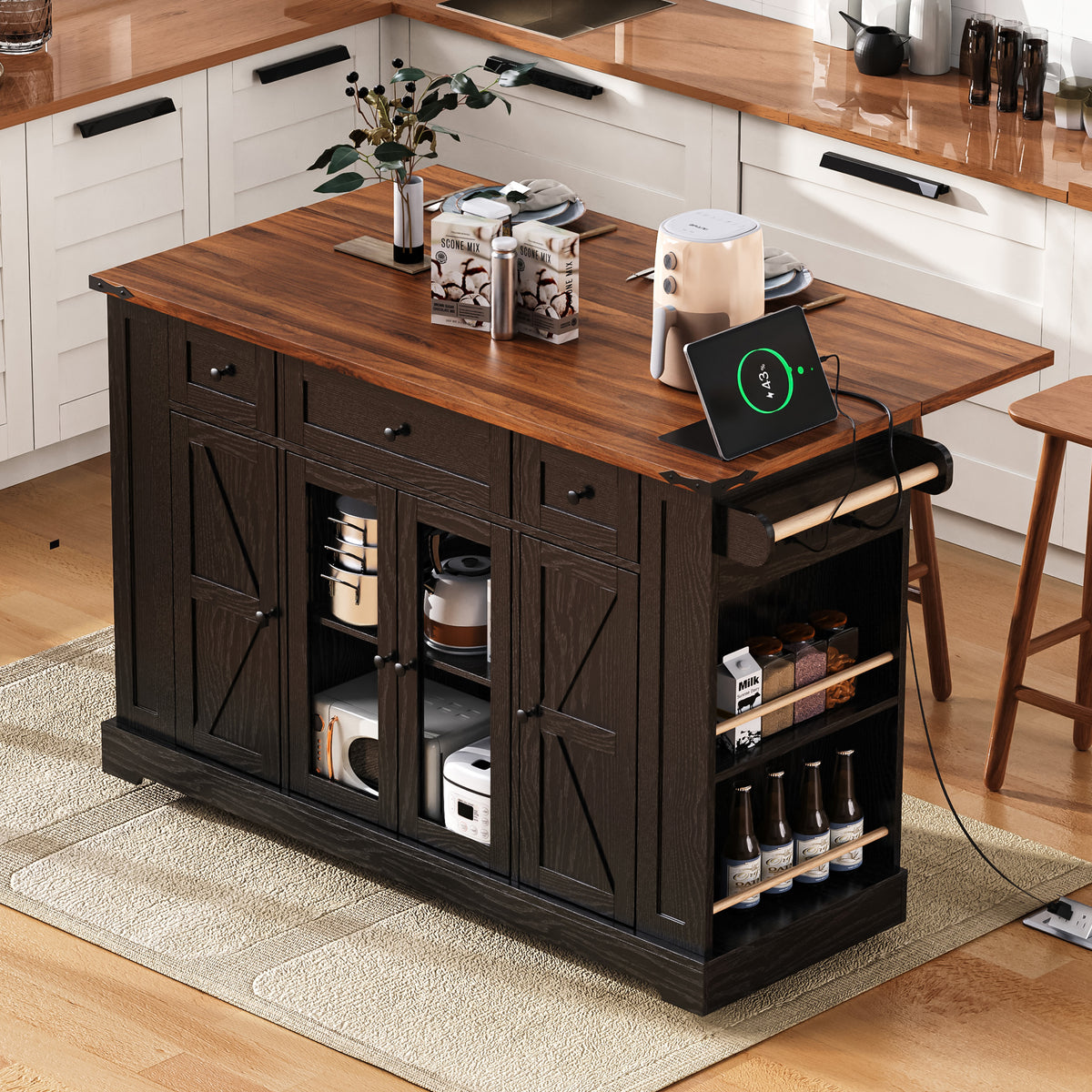 variant-group:rf-n707p263637b|Roomfitters 53" Rolling Kitchen Island with Drop Leaf, Mobile Cart with Glass Doors, 5 Side Shelves & Power Outlets, Black