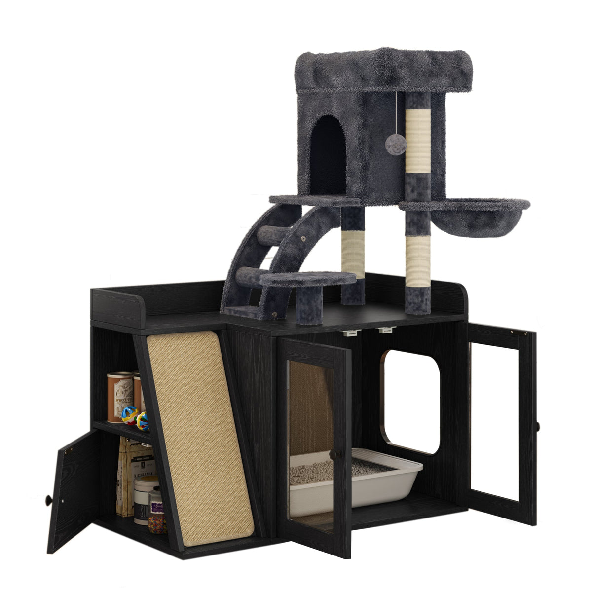 Roomfitters Modular Litter Box Enclosure with Built-In Cat Tree Tower Sisal Scratching Board and LED Light Black Roomfitters