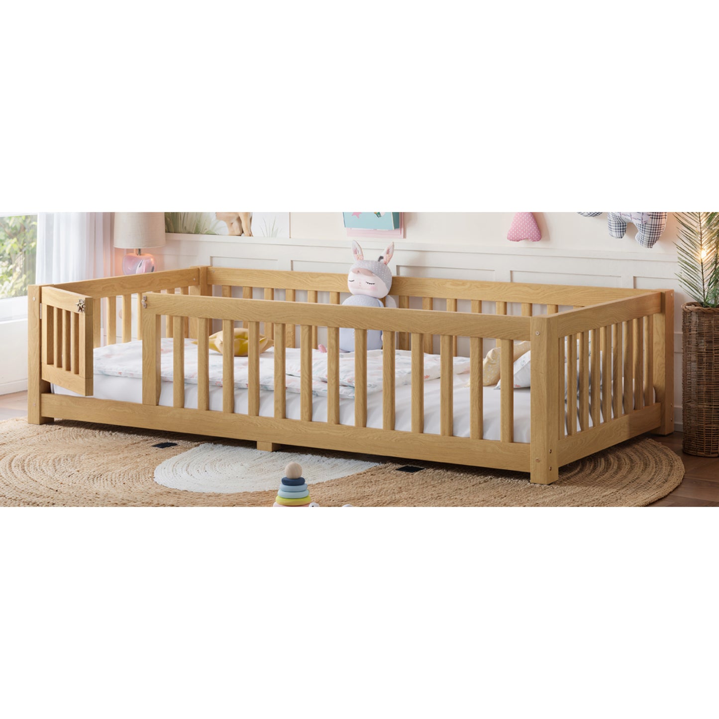 variant-group:rf-w1580p462314|Roomfitters Twin Size Wooden Floor Bed Frame with Safety Guardrails Door, Solid Wood Low Profile Toddler Play Bed, Natural