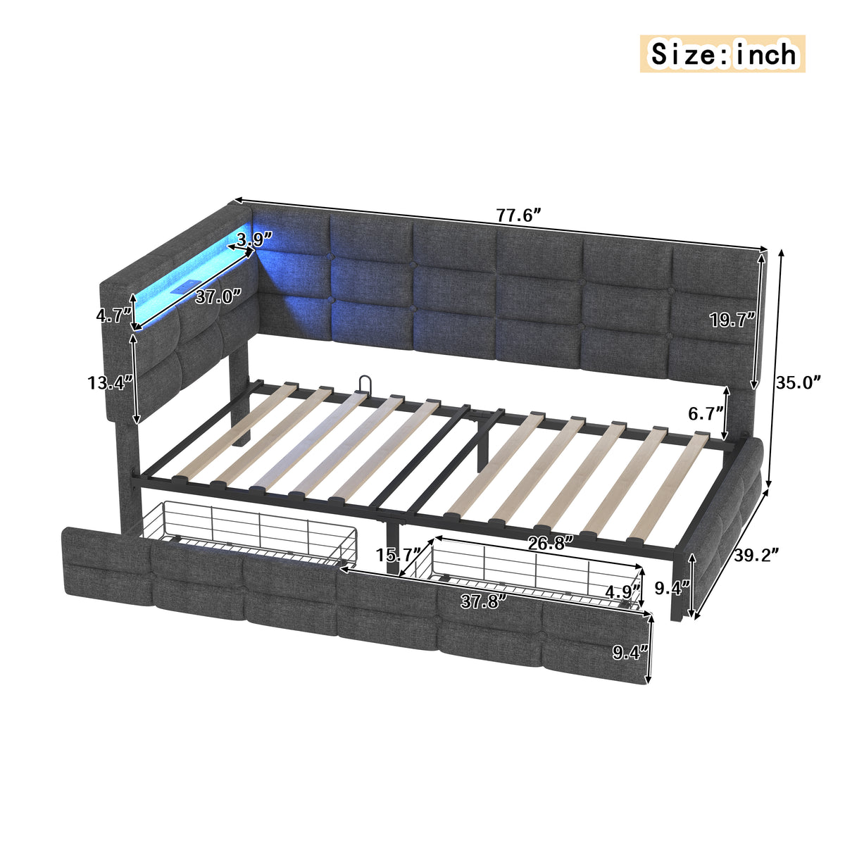 variant-group:rf-n733p285121e|Roomfitters Upholstered Twin Size Daybed with Storage Drawers and Charging Station, Bed Frame with Storage Headboard, No Box Spring Needed, Gray
