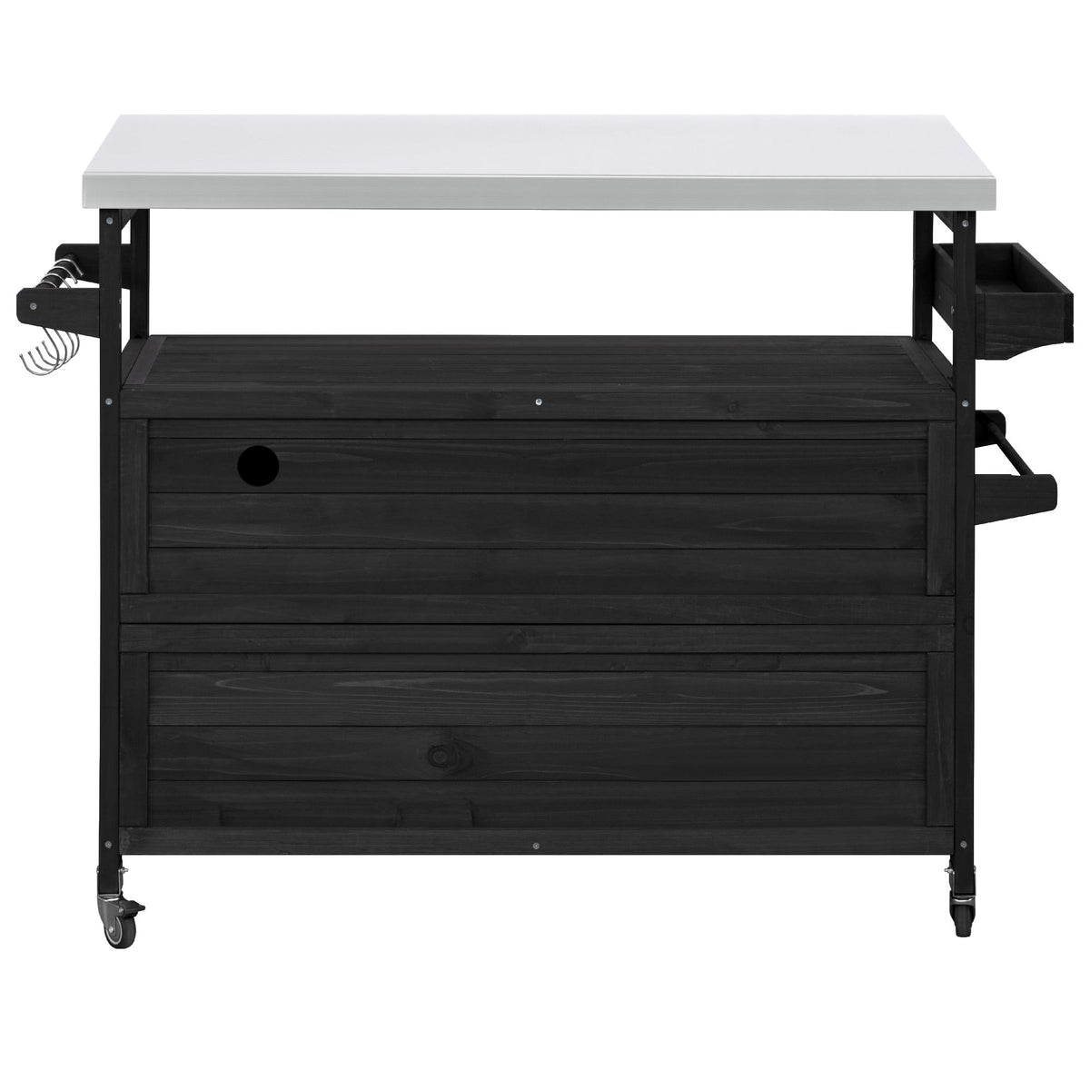 Roomfitters Outdoor Kitchen Island, Rolling Bar Cart with Storage Cabinet, Wood Grill Table, Stainless Steel Top, Spice Rack, Black