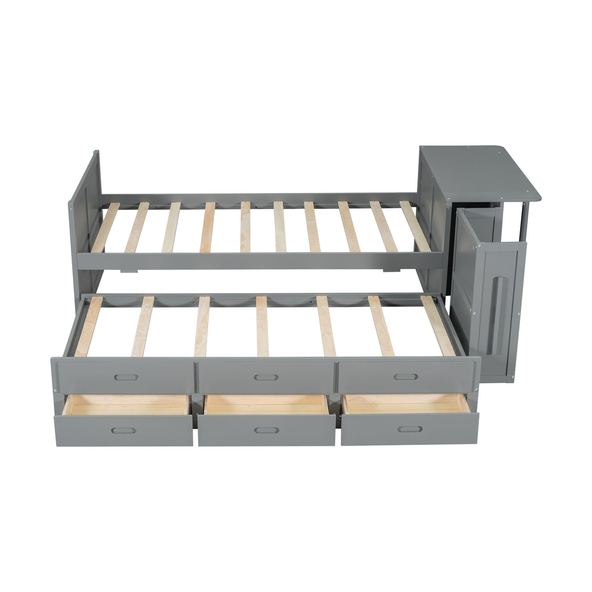 variant-group:rf-n733s212832e|Roomfitters Twin Size Multifunctional Wood Platform Bed with Desk and Storage Shelf, Built-in Trundle and Storage, Grey