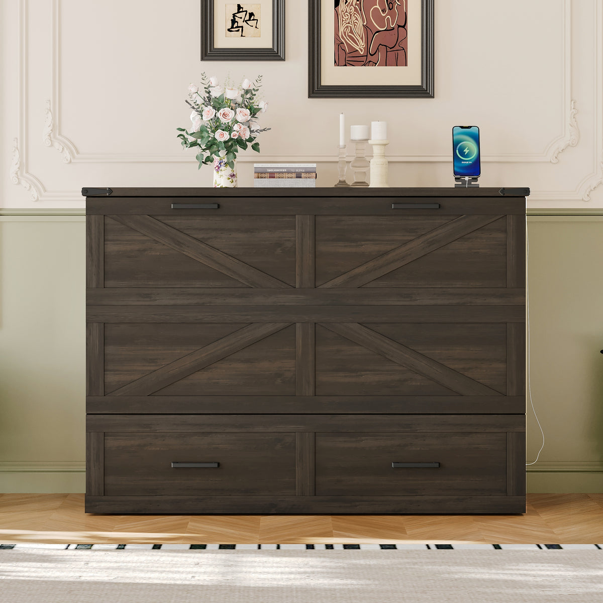 variant-group:rf-n733s237853g|Roomfitters Full Size Farmhouse Murphy Cabinet Bed with Charging Station, Foldable Platform Bed with Large Storage for Guest Room, Small Bedroom, Rustic Gray
