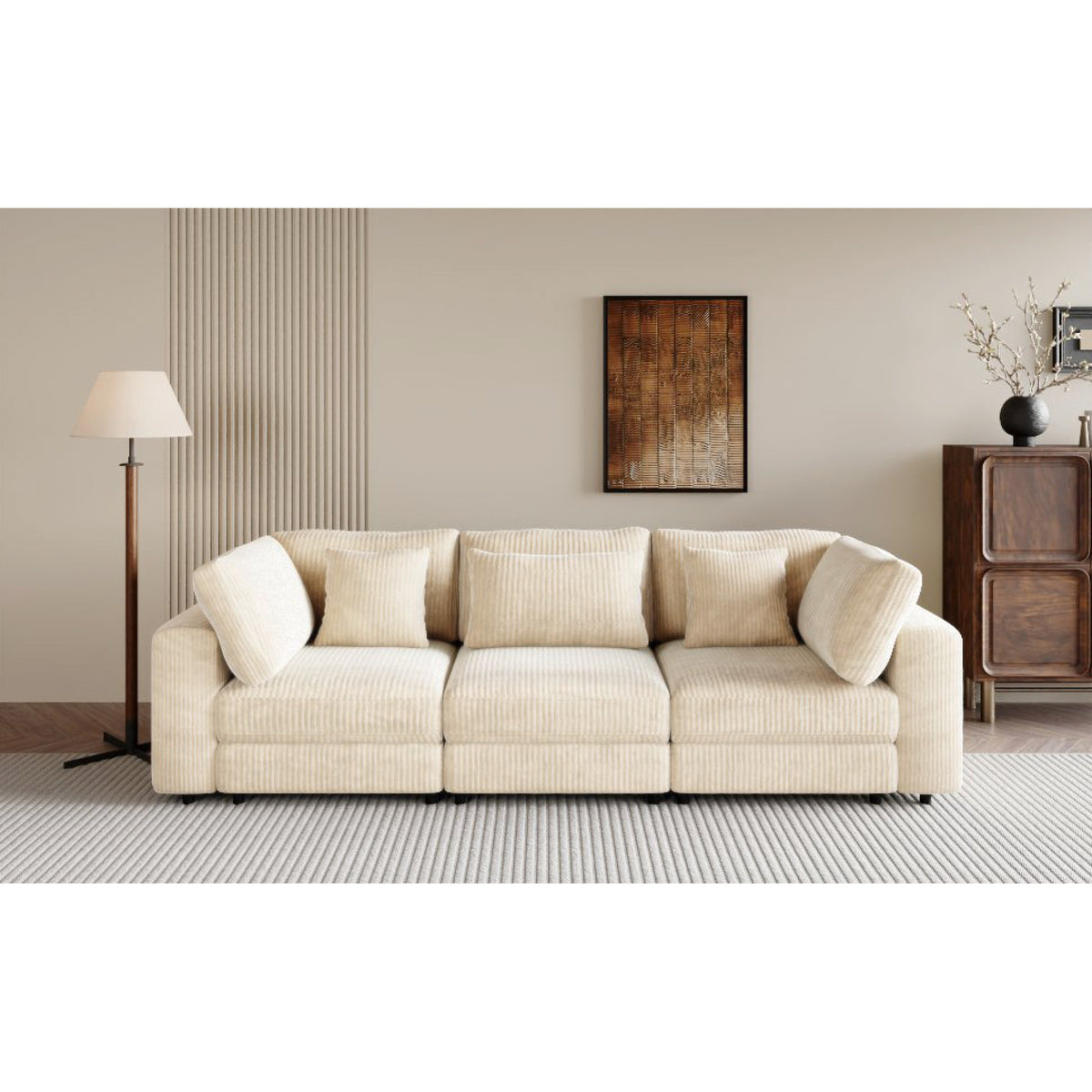 variant-group:rf-n711wy000403aaa|Roomfitters 105'' 3-Seater Sofa with Removable Back Cushions and 5 Pillows for Living Room, Apartment, Spacious Space, Beige