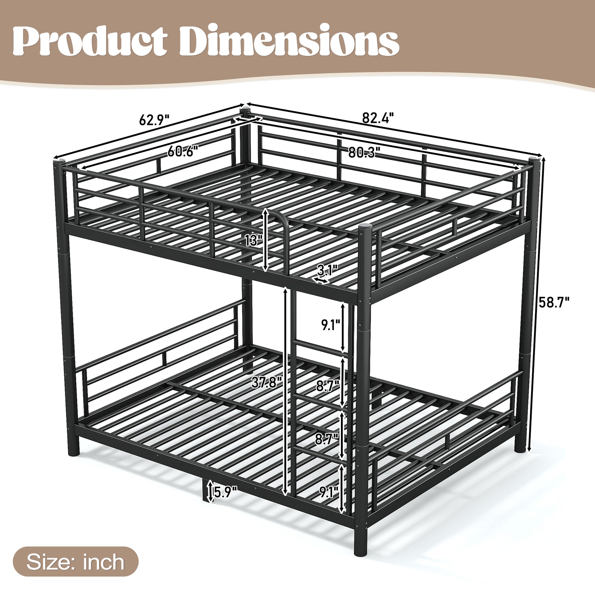 variant-group:rf-w1580s00607|Roomfitters Queen over Queen Metal Bunk Bed Frame for Teens Adults, Convertible 2 Separate Beds Round Tube, Black