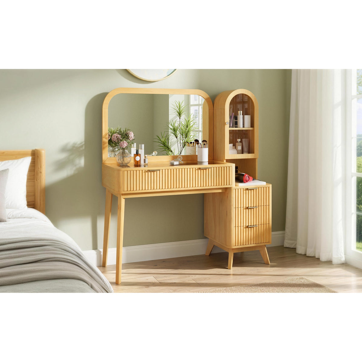Roomfitters 48-Inch Fluted Makeup Vanity Desk with Arched Tower Glass Cabinet and Built-In Power Charging Station Natural Roomfitters