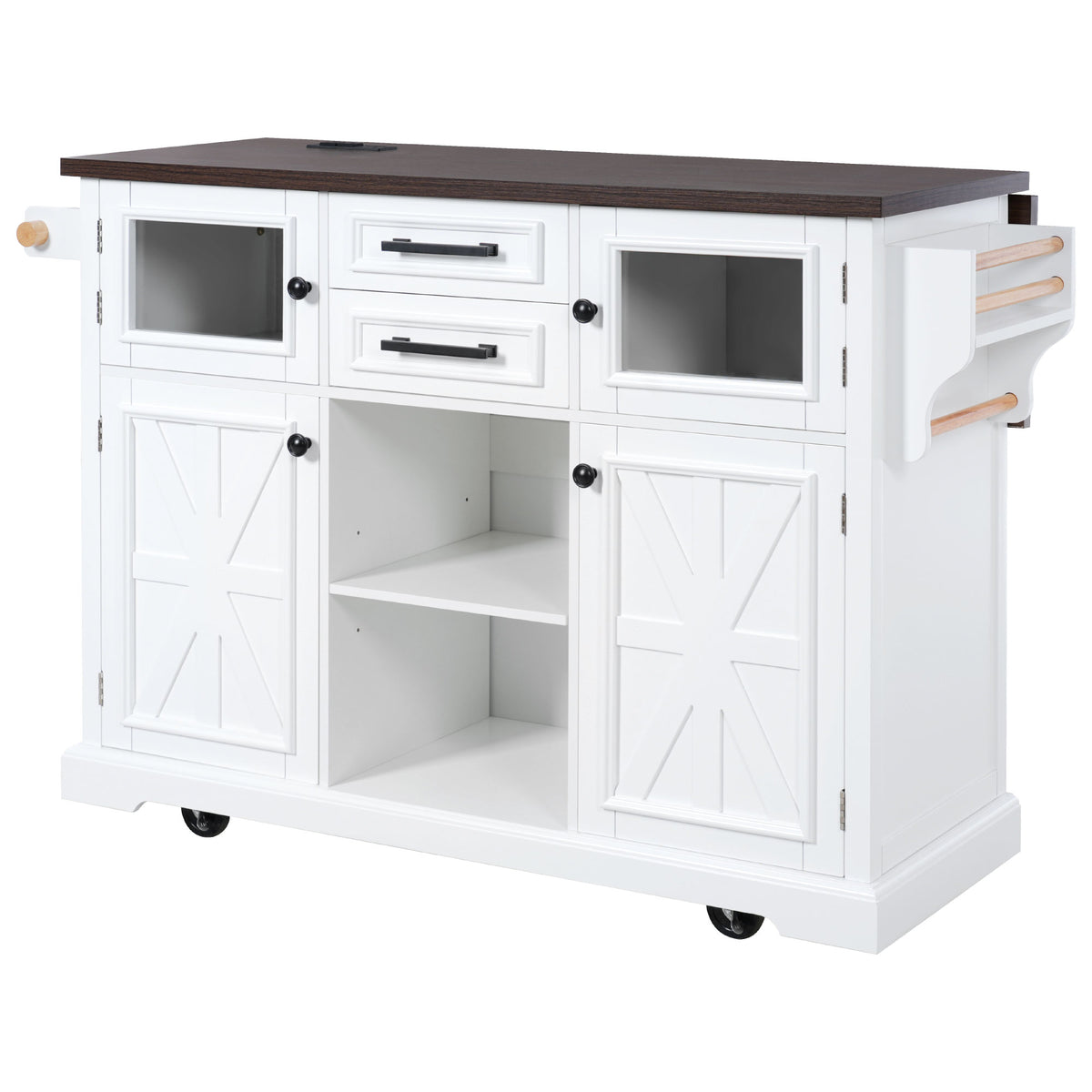 variant-group:rf-n707s300277w|Roomfitters 54.9" Kitchen Island with Drop Leaf, Rolling Kitchen Cart with Barn Door and Glass Door, Storage Cabinet, White