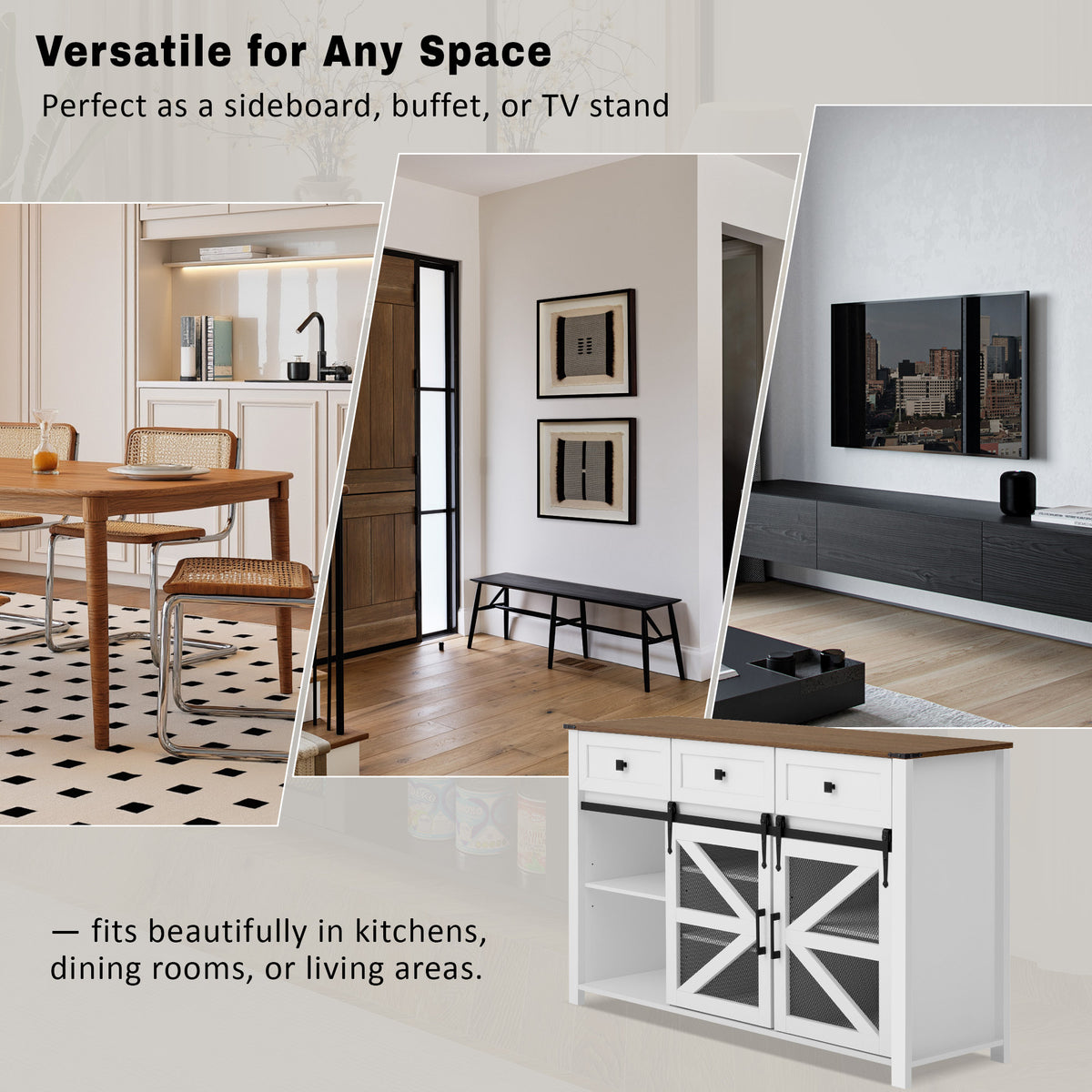variant-group:rf-n711p347384k|Roomfitters 55" Sideboard Buffet Cabinet with 3 Drawers and Sliding Barn Doors, Farmhouse Storage for Kitchen & Dining, White