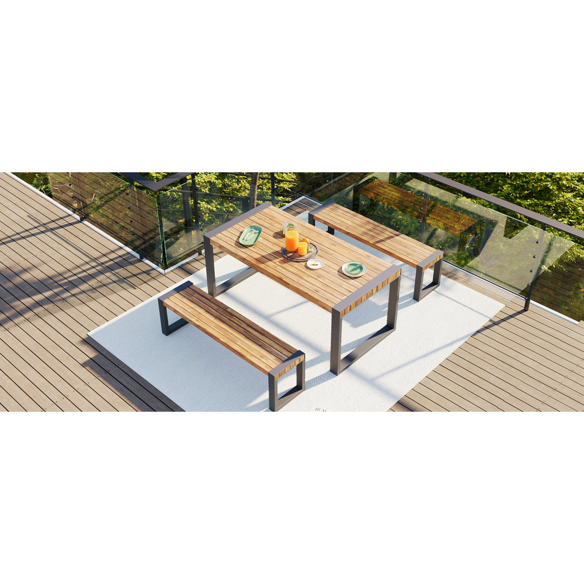Roomfitters 3 Pcs Outdoor Dining Set with Acacia Wood Table and 2 Benches, Unique Textured Top and Steel Frame, All-Weather Patio Dining for Outdoor and Indoor Use, Natural Finish Roomfitters