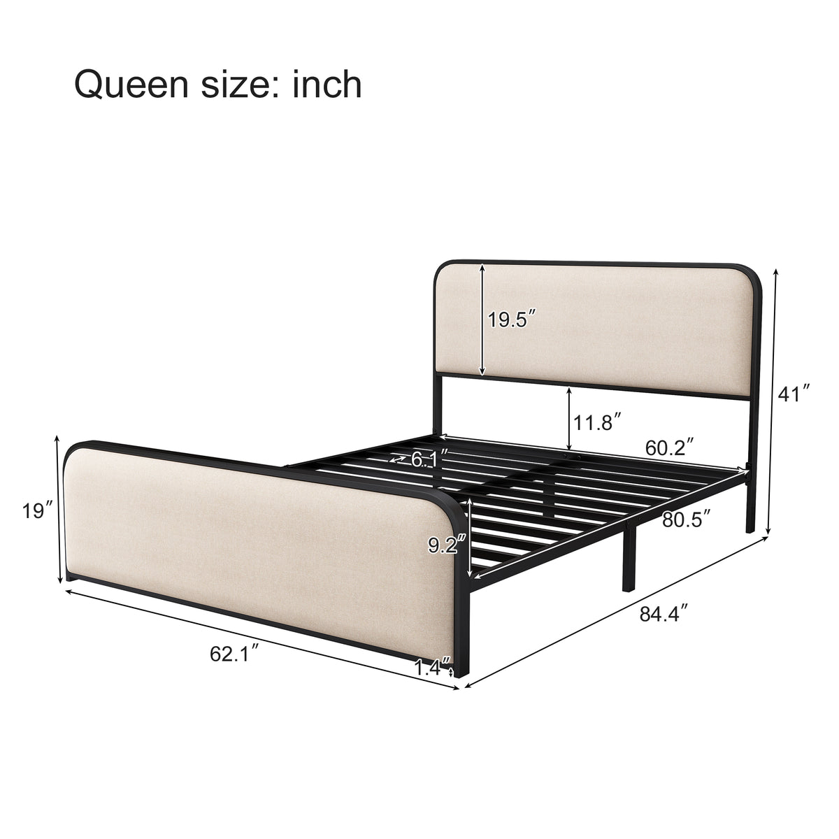 variant-group:rf-n701p229014b|Roomfitters Queen Size Metal Bed Frame, Curved Upholstered Headboard and Footboard, Under Bed Storage, Heavy Duty Slats, Beige