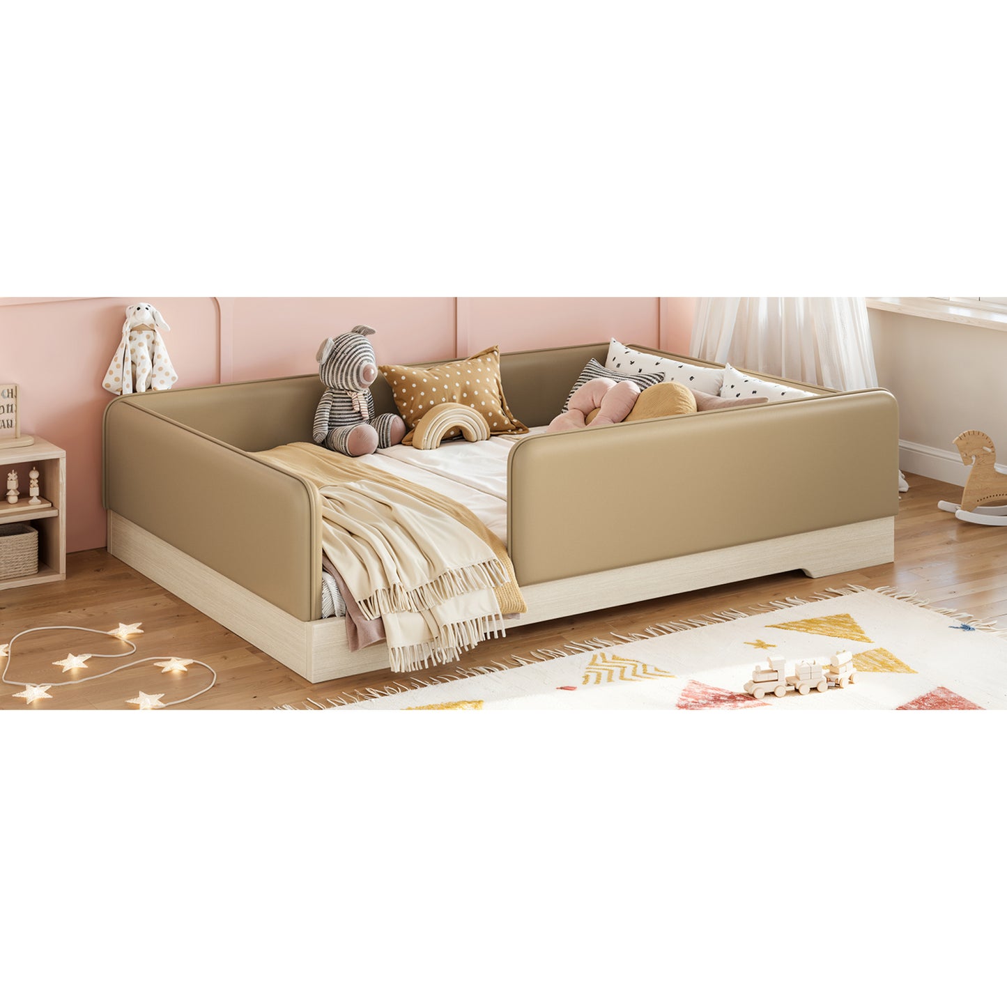 variant-group:rf-w1580s00670|Roomfitters Full Size Upholstered Floor Bed Frame with Removable Guardrails, Faux Leather Low Profile Platform, Brown