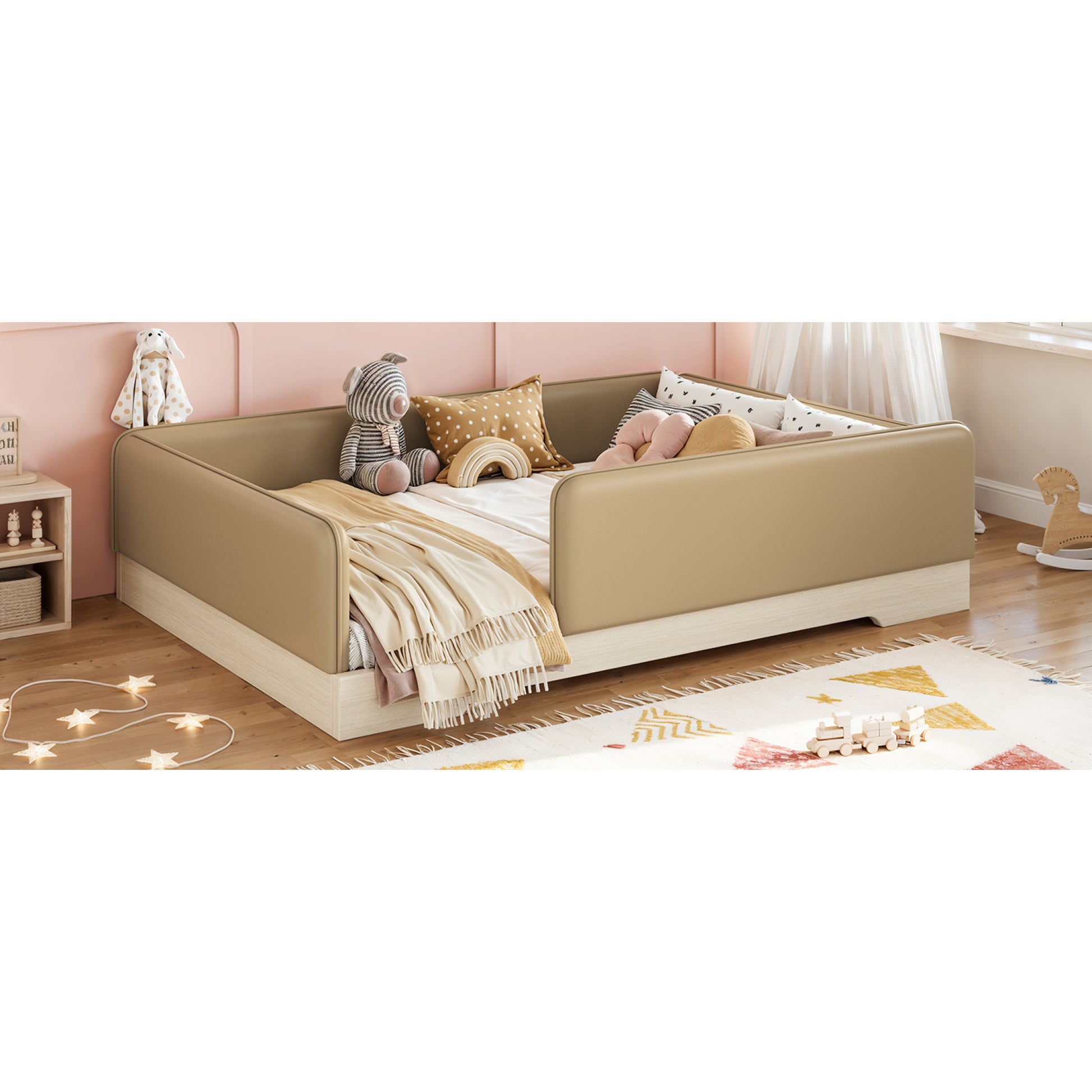 variant-group:rf-w1580s00670|Roomfitters Full Size Upholstered Floor Bed Frame with Removable Guardrails, Faux Leather Low Profile Platform, Brown