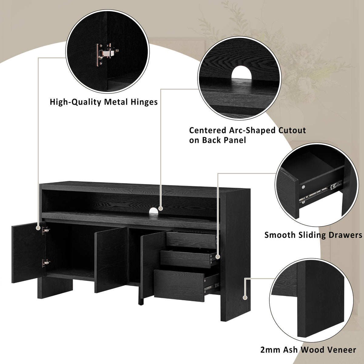 variant-group:rf-n711p289141b|Roomfitters 60" Modern Solid Wood Veneer Sideboard with 3 Doors & 3 Drawers, Open Shelf & Cable Cutout, Large Storage Cabinet for Dining, Hallway, Living Room, Black
