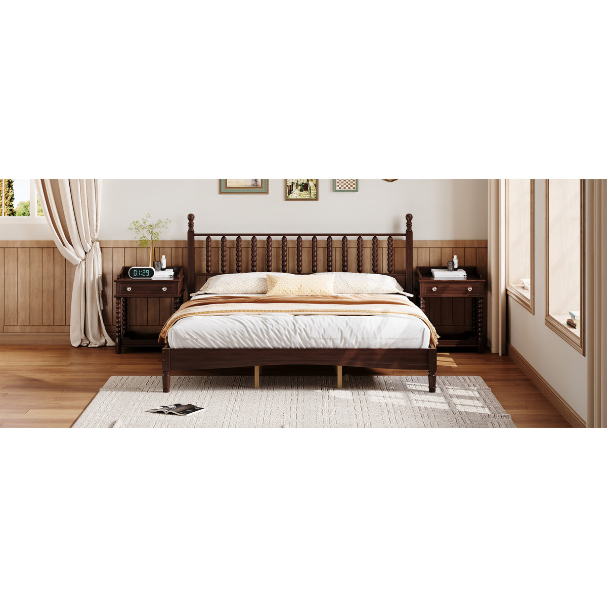 variant-group:rf-n733p338316d|Roomfitters King Wood Platform Bed, Retro Gourd Spindle Headboard with Solid Slat Support, Walnut