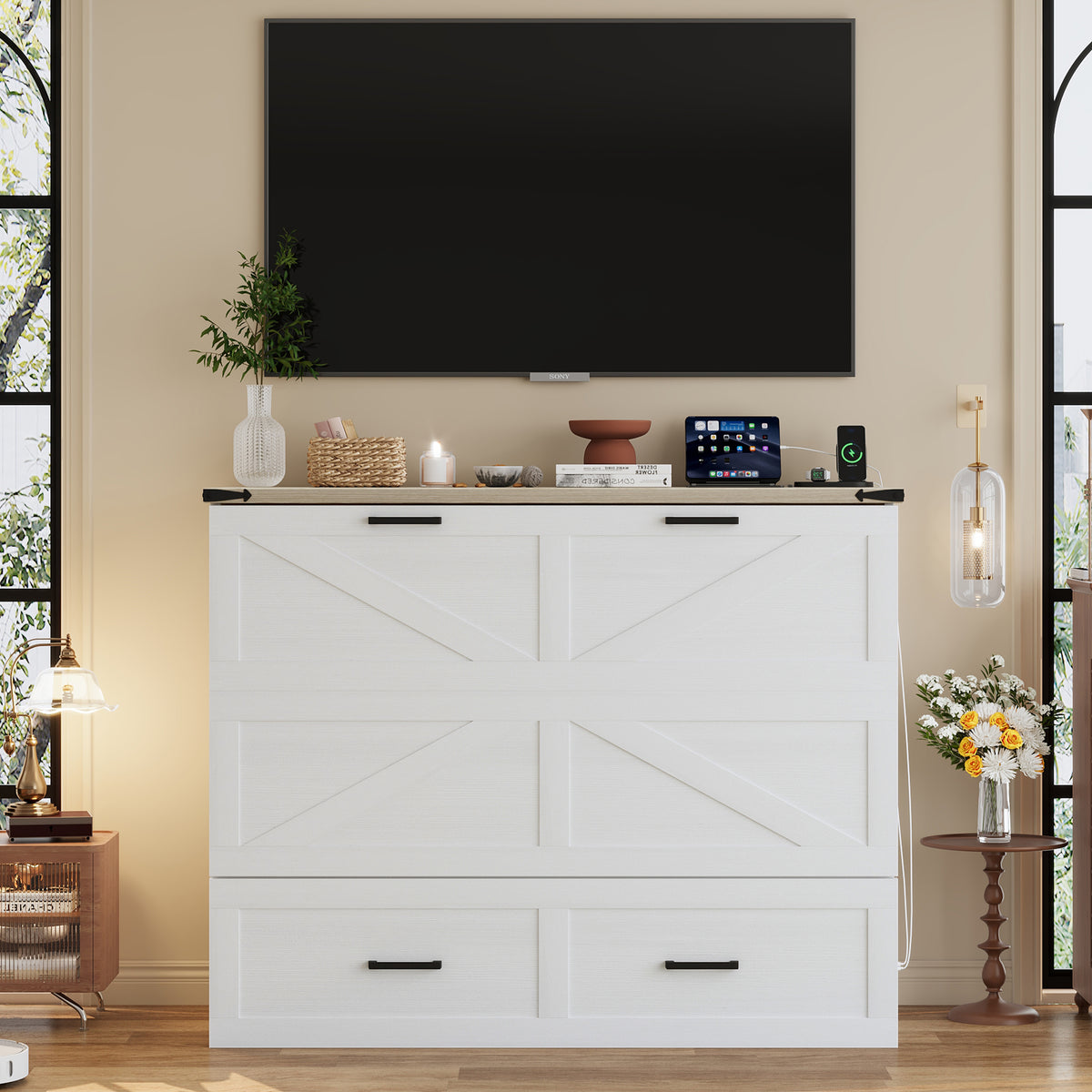 variant-group:rf-n733s237853w|Roomfitters Full Size Farmhouse Murphy Cabinet Bed with Charging Station, Foldable Platform Bed with Large Storage for Guest Room, Small Bedroom, White