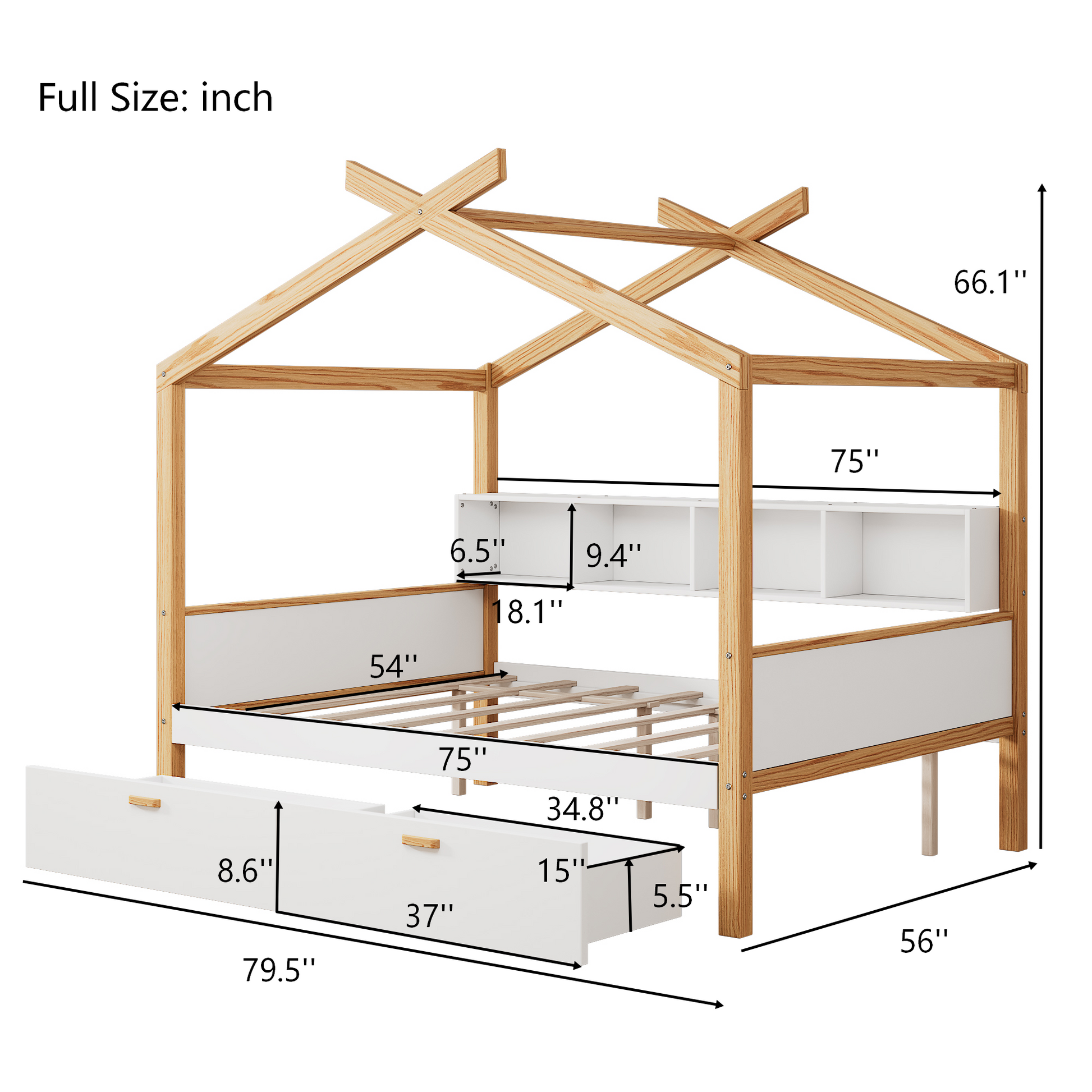 variant-group:rf-n701p443473k|Roomfitters Full Size Wooden House Bed Frame with 2 Drawers, Bookshelf Storage Furniture, No Box Spring, White Natural