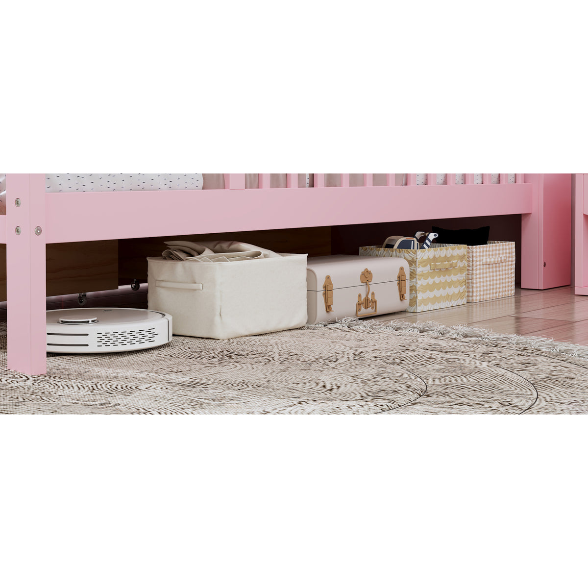 variant-group:rf-n733p272374h|Roomfitters Twin Bed with Headboard Storage Rack, Under-Bed Storage and Three-Side Guardrails, Pink