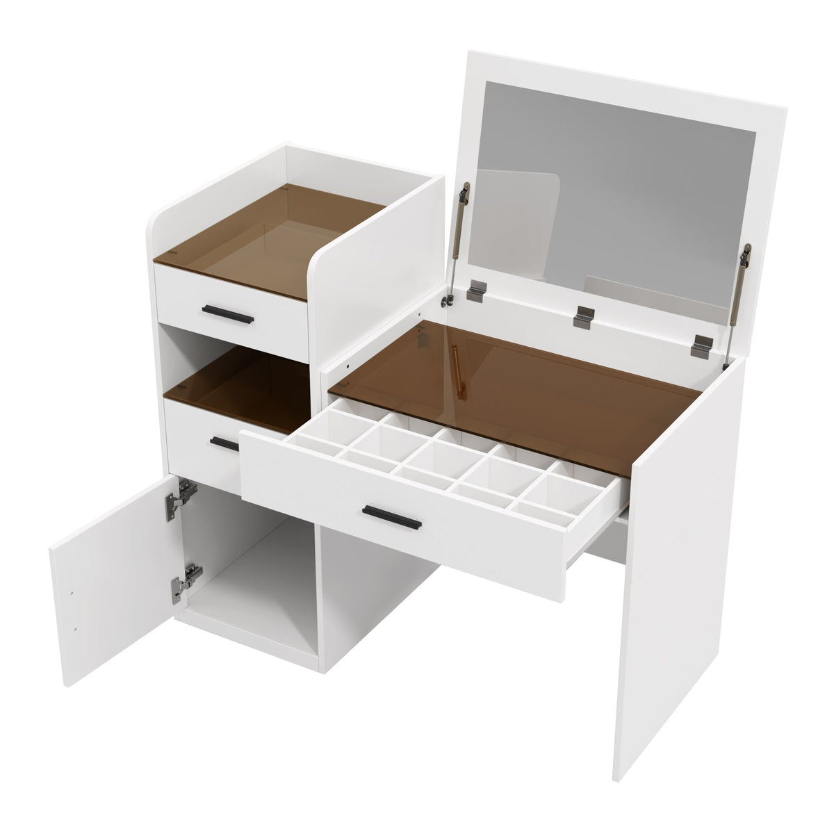 Roomfitters 3-in-1 Compact Space-Saving Vanity Desk with Flip Top Mirror and Amber Tempered Glass Top White Roomfitters