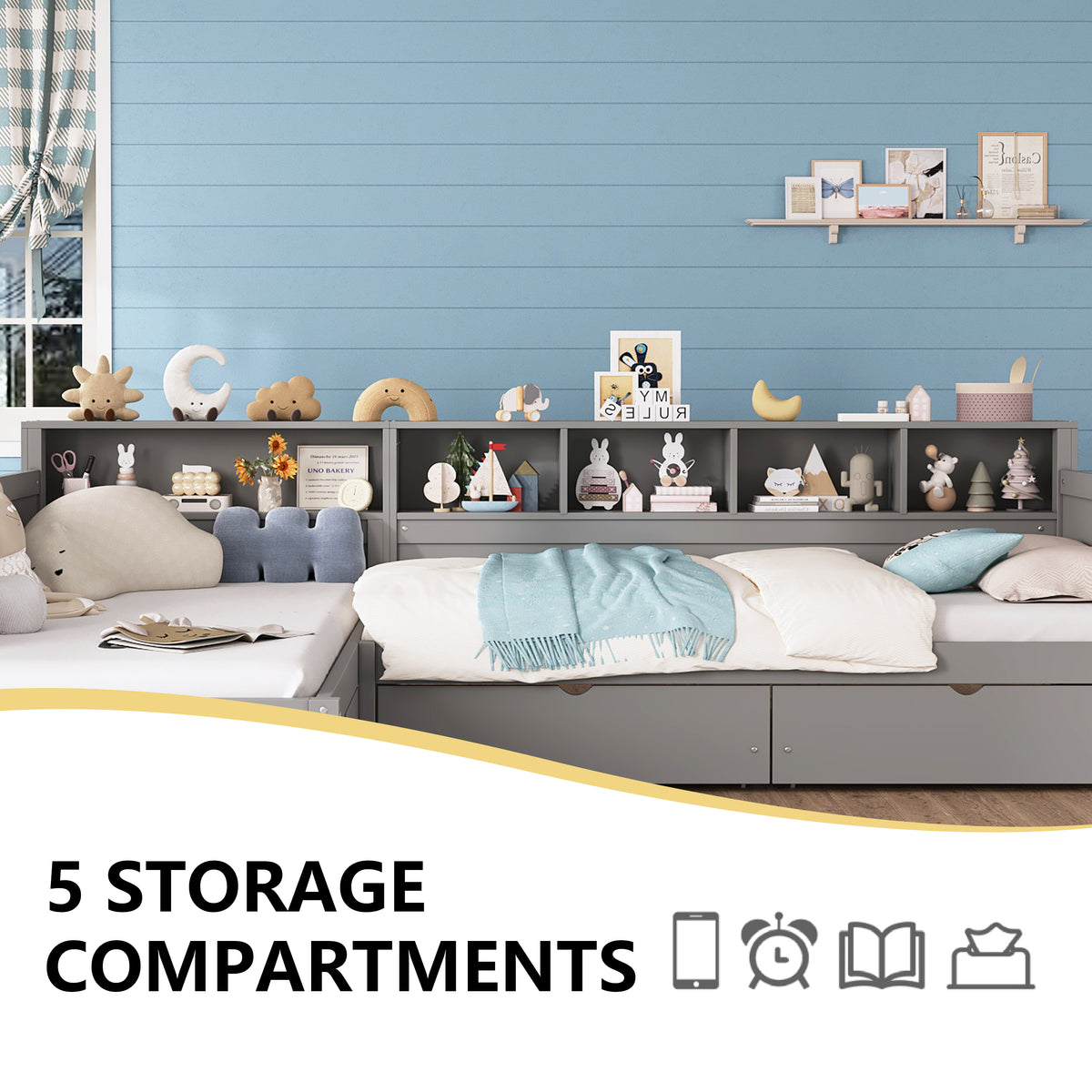 variant-group:rf-n733s369272e|Roomfitters Twin L-Shaped Daybed for 2 with 3 Storage Drawers, Wooden Corner Bed Frame with Bookshelf for Bedroom, Gray
