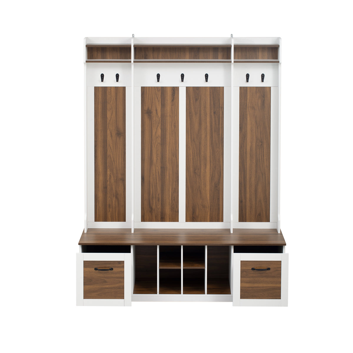 variant-group:rf-n724p235232d|Roomfitters 5-in-1 Entryway Bench with Coat Rack, Hooks, Drawers and Adjustable Shelves, Hall Tree for Hallway or Living Room, Brown+White
