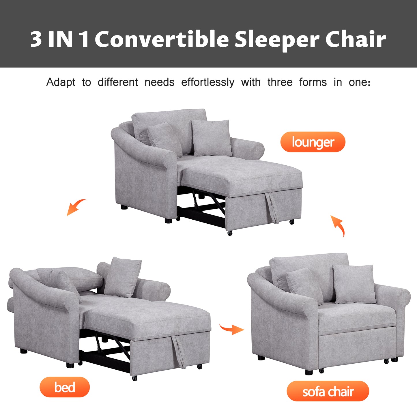 variant-group:rf-n701bs701p468429e|Roomfitters Chenille Convertible Sleeper Chair, 3 in 1 Single Sofa Bed Lounger, Adjustable Backrest Pull Out Bed, Gray