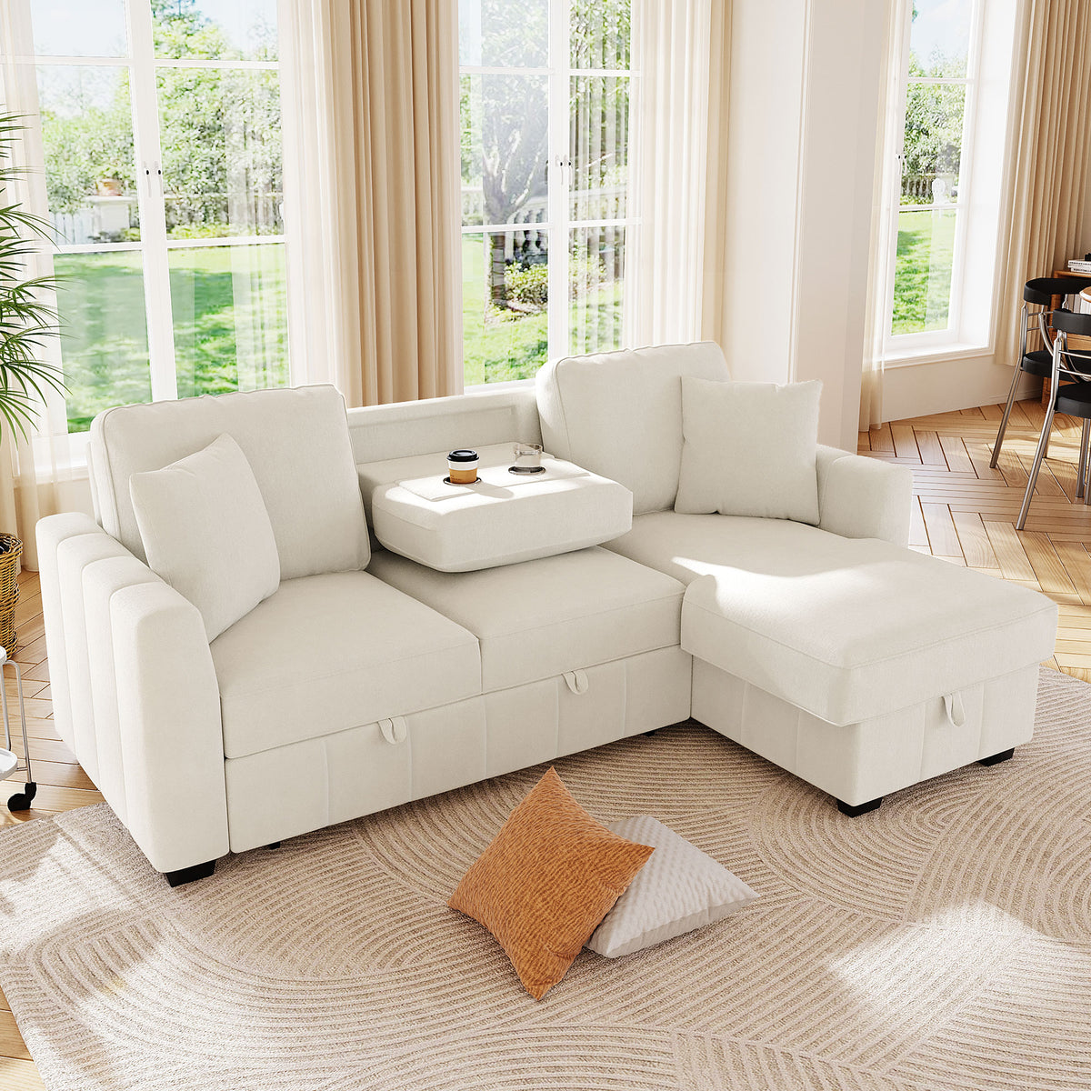 variant-group:rf-n711wy000467aaa|Roomfitters 90" L-Shaped Sectional Sleeper Sofa with Storage Chaise and Pull Out Bed, Fold Down Cup Holder Table, Beige