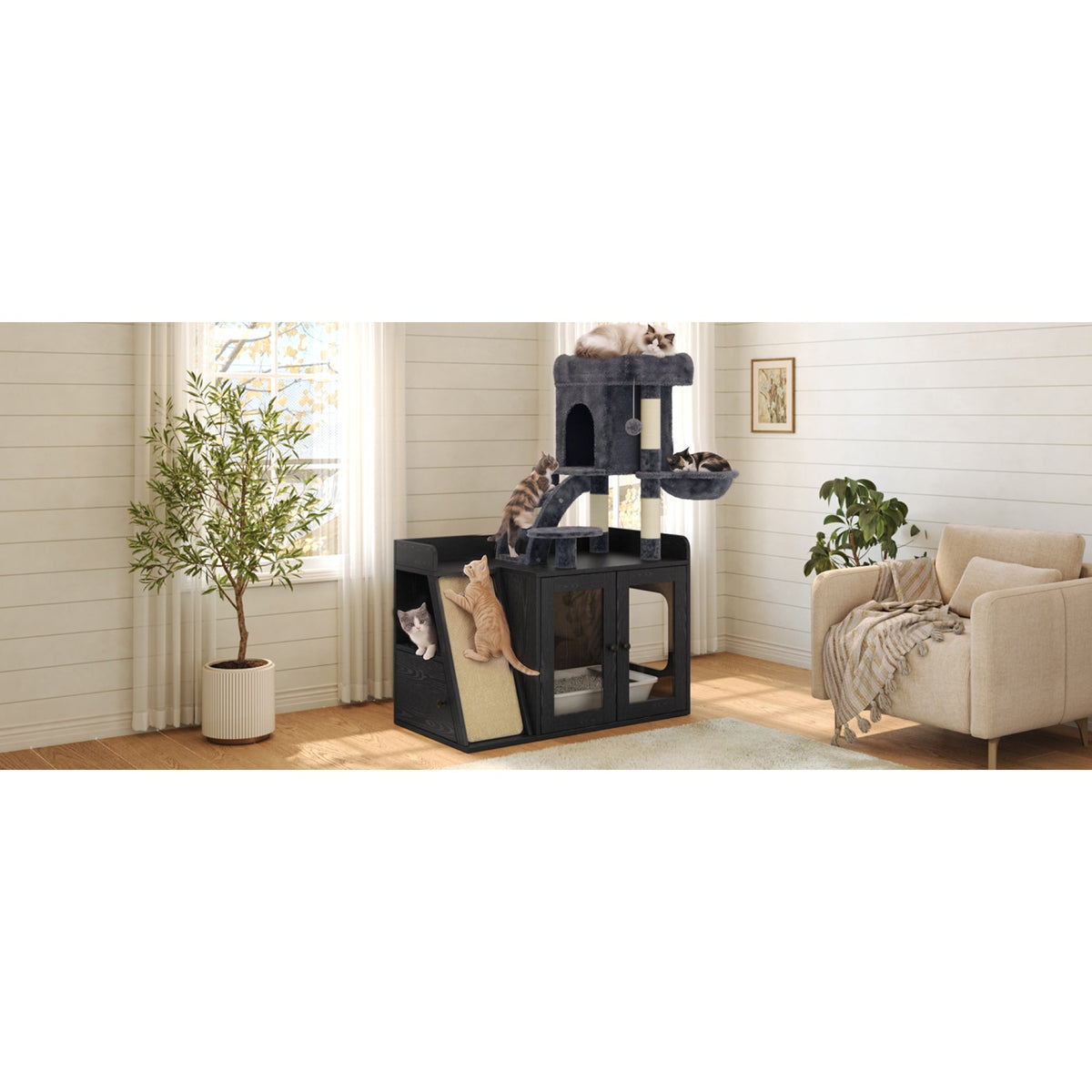 Roomfitters Modular Litter Box Enclosure with Built-In Cat Tree Tower Sisal Scratching Board and LED Light Black Roomfitters