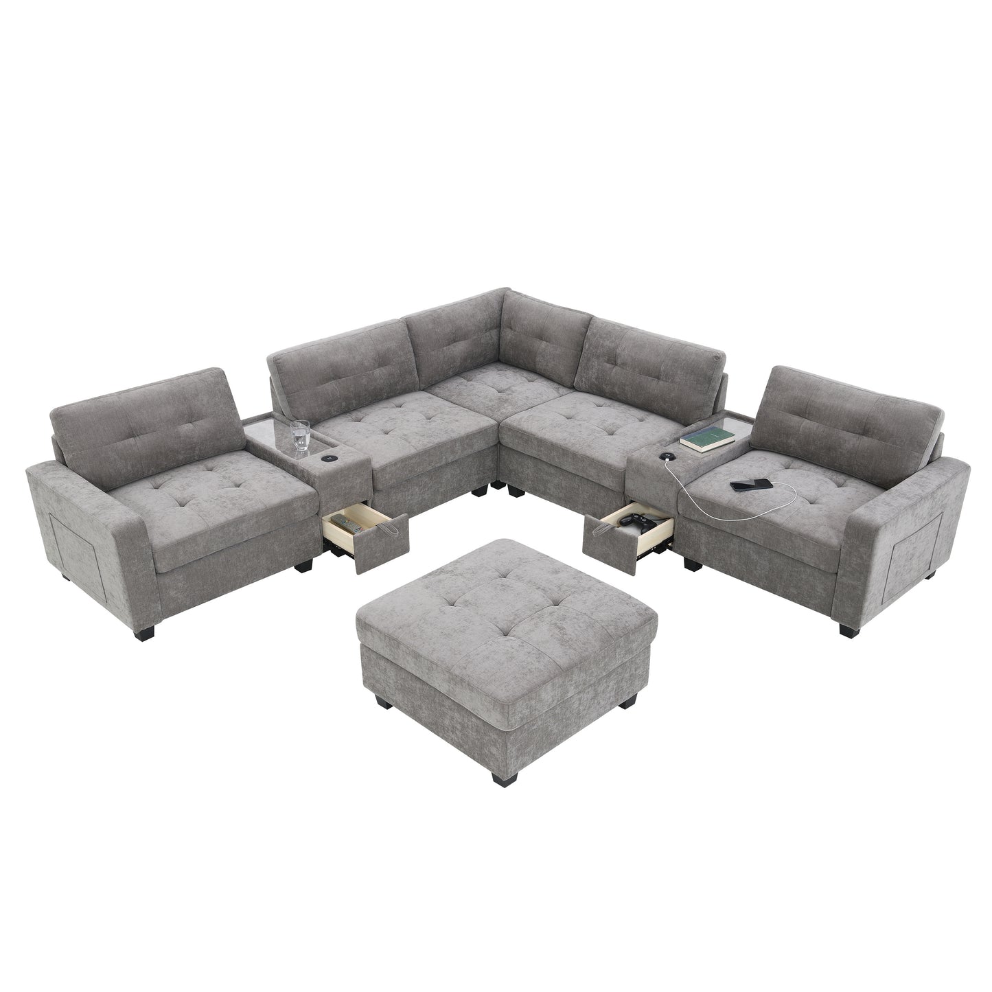 variant-group:rf-n723s1191e|Roomfitters 104 Inch Modular Sectional Sofa with Console and Cup Holders, Upholstered L-Shape Couch for Home Decor, Gray