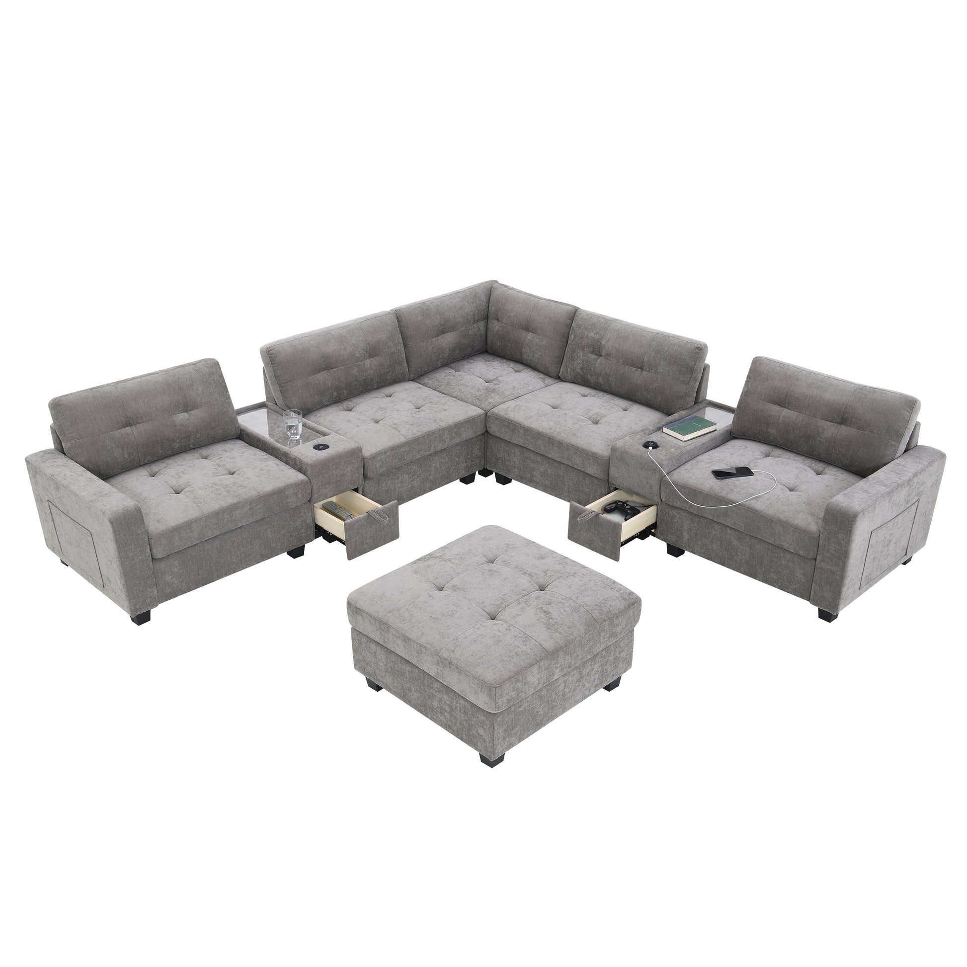 variant-group:rf-n723s1191e|Roomfitters 104 Inch Modular Sectional Sofa with Console and Cup Holders, Upholstered L-Shape Couch for Home Decor, Gray