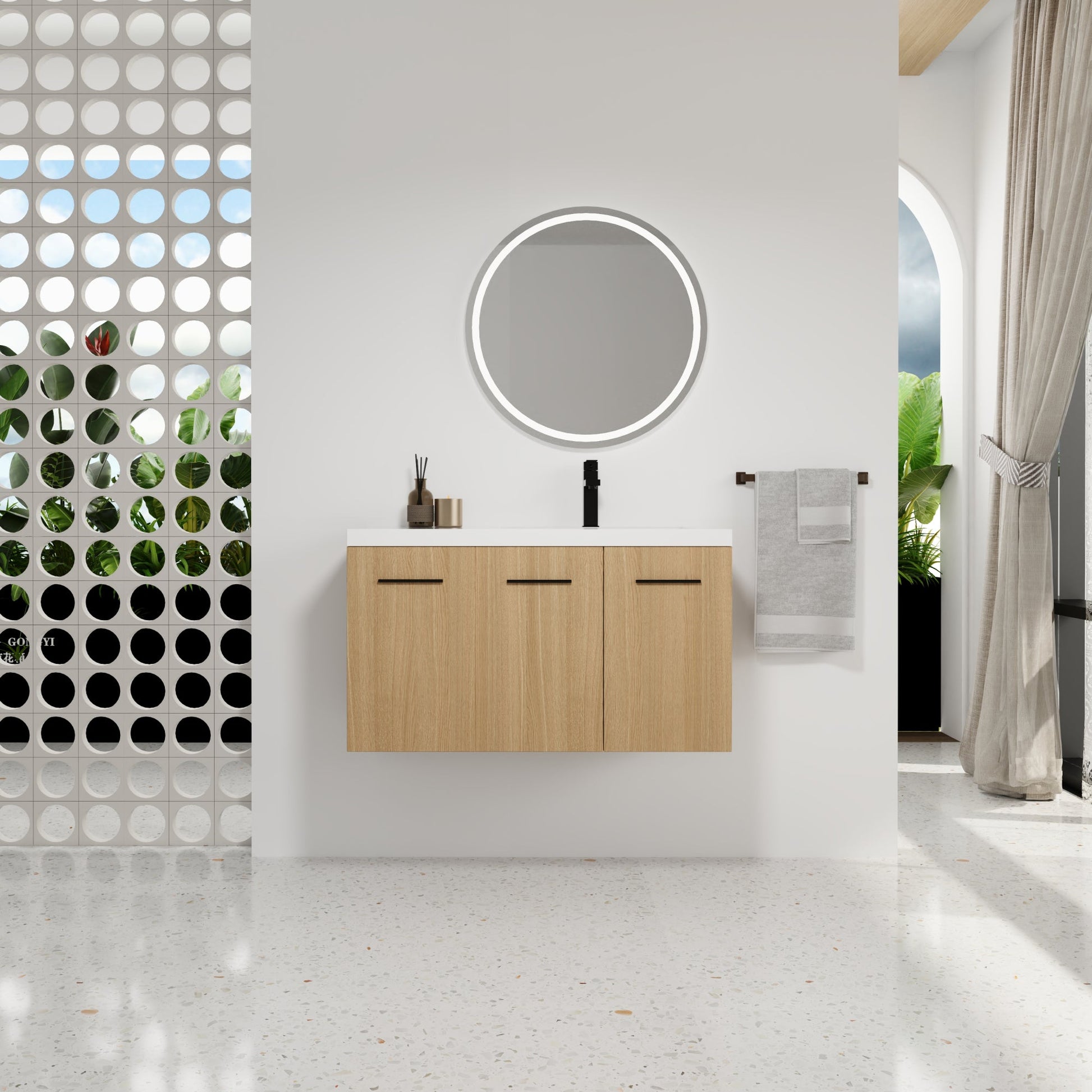 36" Wall-Mounted Floating Bathroom Vanity with Sink, Light Oak, 3-Door Modular Cabinet (2-Door + 1-Door), Gel Coat Integrated Sink Top, 3 Boxes, Ready-to-Assemble Roomfitters