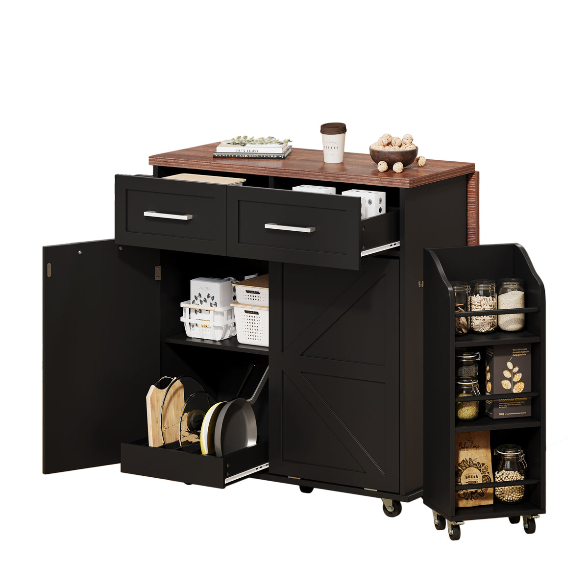 variant-group:rf-n707p307296b|Roomfitters 47.2" Farmhouse Kitchen Island with Drop Leaf, Tilt Trash Can Cabinet, Removable Mobile Side Racks, Black