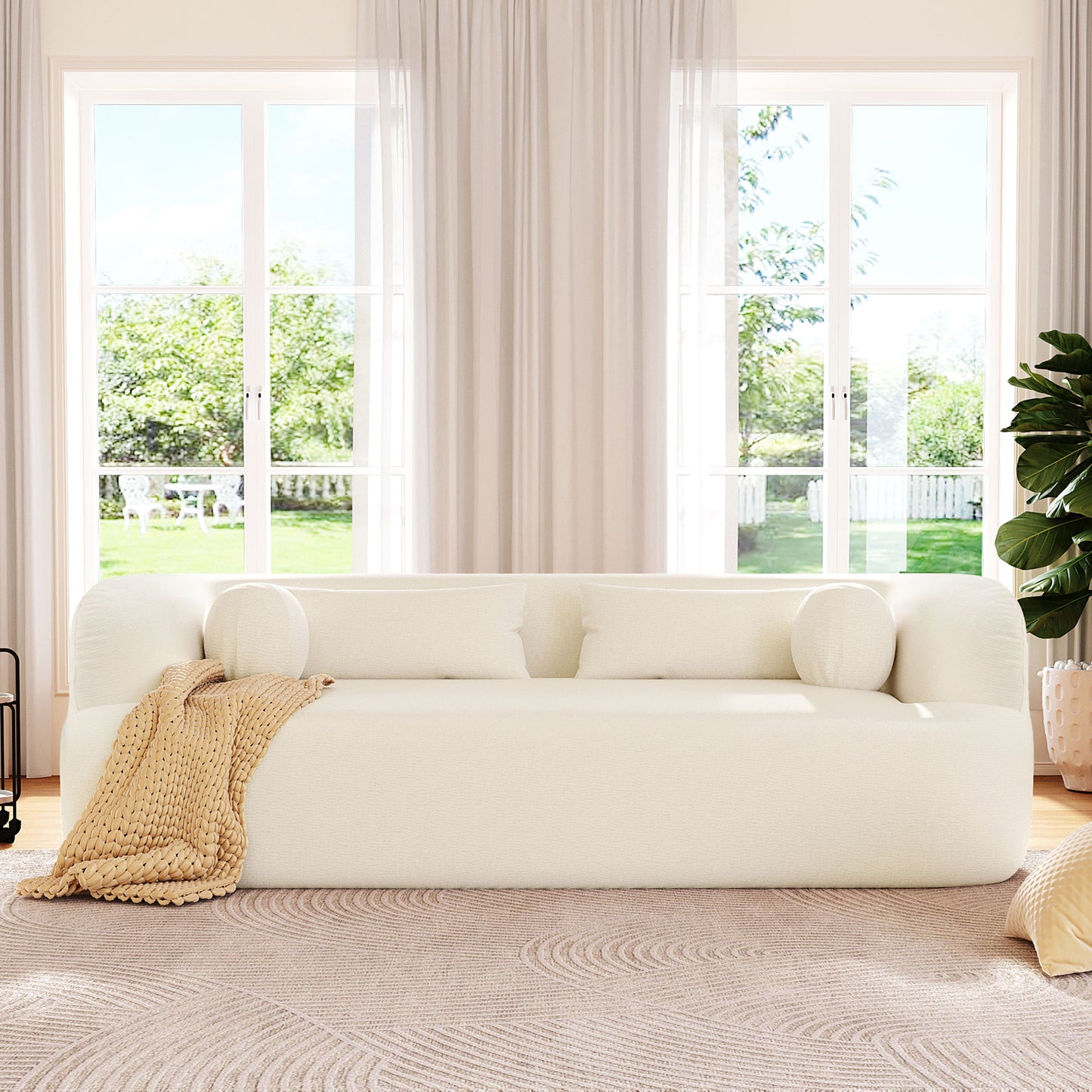 variant-group:rf-n723p404465a|Roomfitters 86 Inch Modern Curvy Sofa, 3-Seater Rounded Upholstered Couch with Plush Throw Pillows for Living Room, Beige