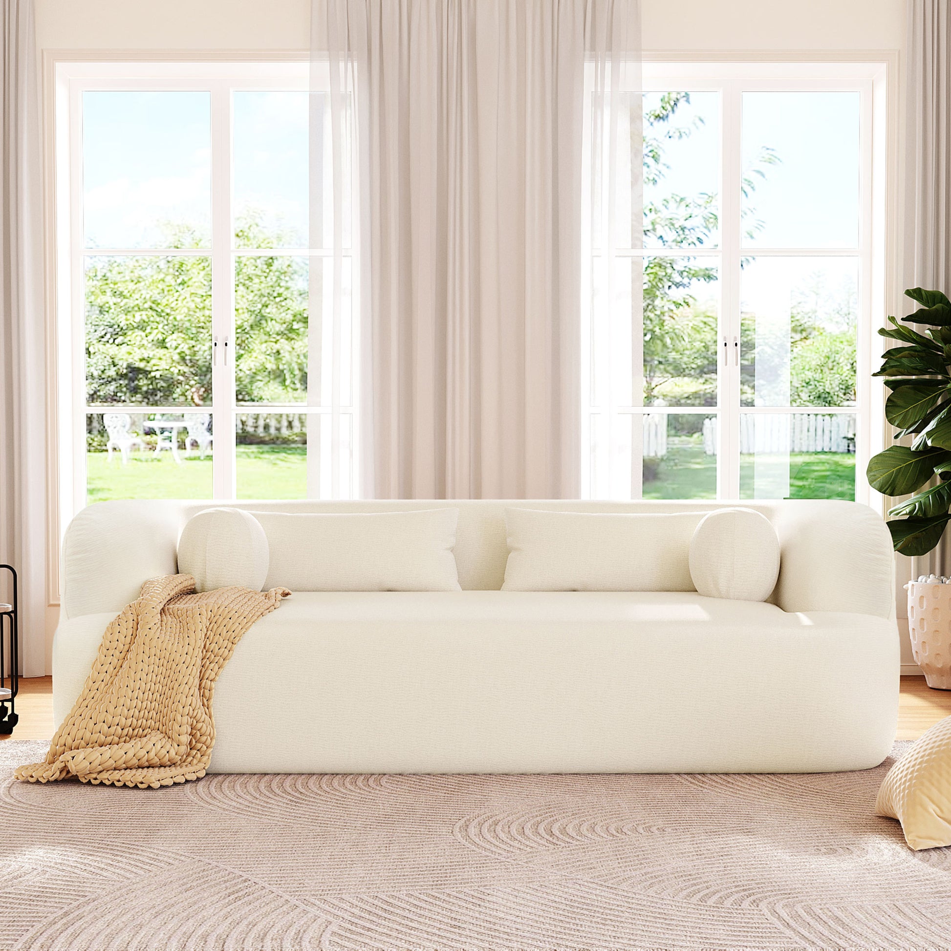variant-group:rf-n723p404465a|Roomfitters 86 Inch Modern Curvy Sofa, 3-Seater Rounded Upholstered Couch with Plush Throw Pillows for Living Room, Beige